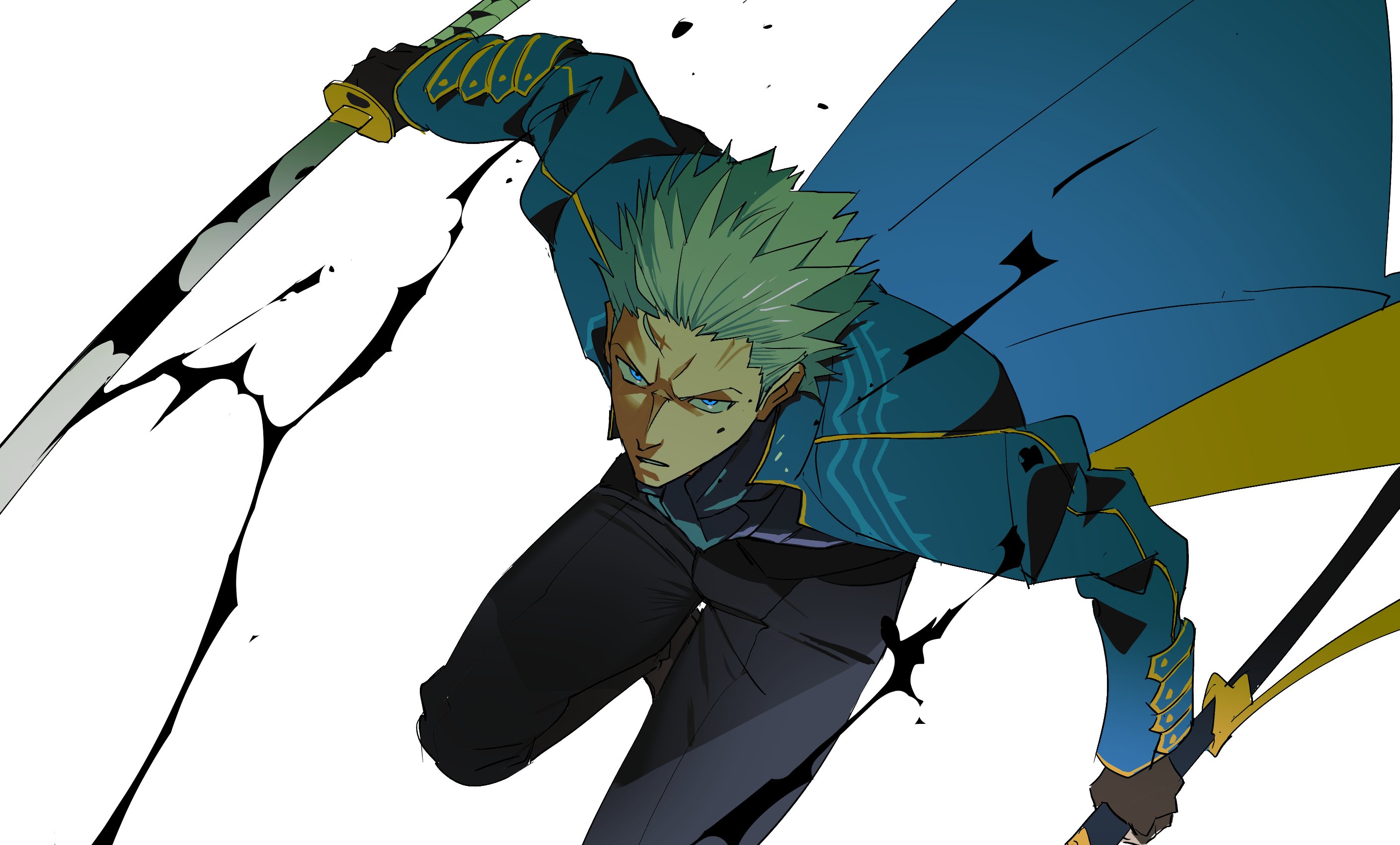 vergil (devil may cry), devil may cry, devil may cry (series), devil may cry 3, hashtag-only commentary, highres, 1boy, blue coat, blue eyes, coat, fingerless gloves, gloves, hair slicked back, holding, holding sword, holding weapon, katana, looking at viewer, male focus, mapaakuma, short hair, simple background, solo, sword, weapon, white hair, yamato (sword)