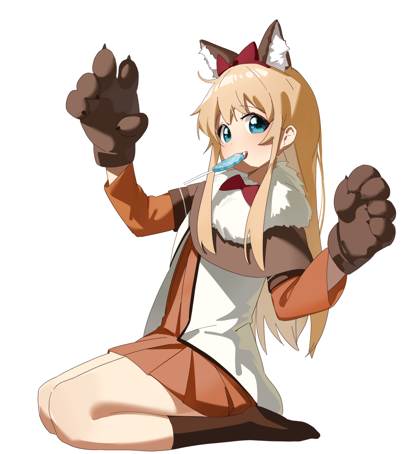 keibi inu, toshinou kyouko, yuruyuri, commentary, highres, animal ear fluff, animal ears, animal hands, blonde hair, blue eyes, bow, brown socks, candy, capelet, cosplay, dress, fake animal ears, food, full body, fur-trimmed capelet, fur trim, hair bow, hair ornament, kneehighs, layered sleeves, long hair, long sleeves, looking at viewer, nanamori school uniform, pleated dress, red bow, red dress, school uniform, seiza, shirt, short dress, short over long sleeves, short sleeves, simple background, sitting, socks, white background, white shirt