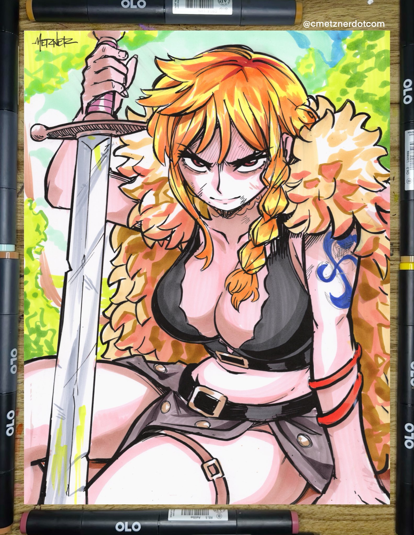 chris metzner, nami (one piece), one piece, commentary, highres, marker (medium), photo (medium), traditional media, 1girl, arm support, bangle, belt, belt buckle, blue sky, bracelet, braid, braided sidelock, breasts, brown eyes, brown loincloth, bruise, bruise on face, buckle, capelet, cleavage, closed mouth, collarbone, crop top, feet out of frame, fur-trimmed capelet, fur capelet, fur trim, holding, holding sword, holding weapon, injury, jewelry, large breasts, long hair, looking at viewer, midriff, miniskirt, navel, official alternate costume, official alternate hairstyle, orange hair, outdoors, planted, planted sword, planted weapon, shoulder tattoo, sidelocks, signature, skirt, sky, solo, sword, tattoo, thigh strap, thighs, tree, weapon, yellow capelet
