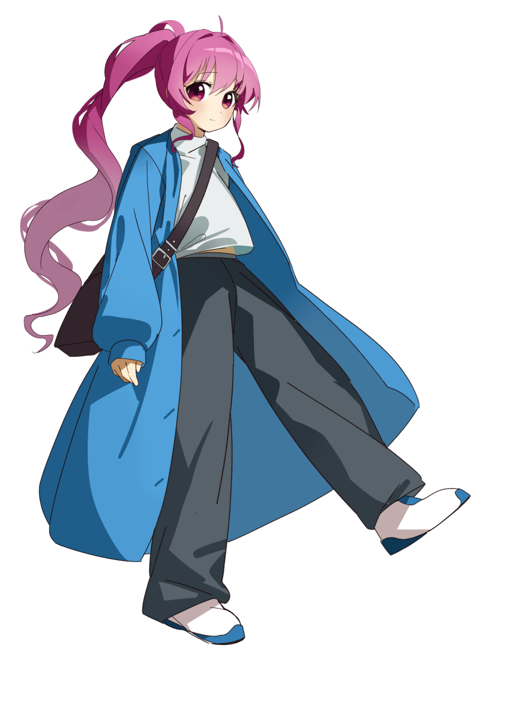 keibi inu, sugiura ayano, yuruyuri, commentary, highres, 1girl, ahoge, alternate costume, bag, baggy pants, blue coat, coat, full body, grey pants, hair intakes, high collar, long hair, looking at viewer, pants, ponytail, purple eyes, purple hair, shirt, shoes, shoulder bag, simple background, solo, very long hair, white background, white shirt