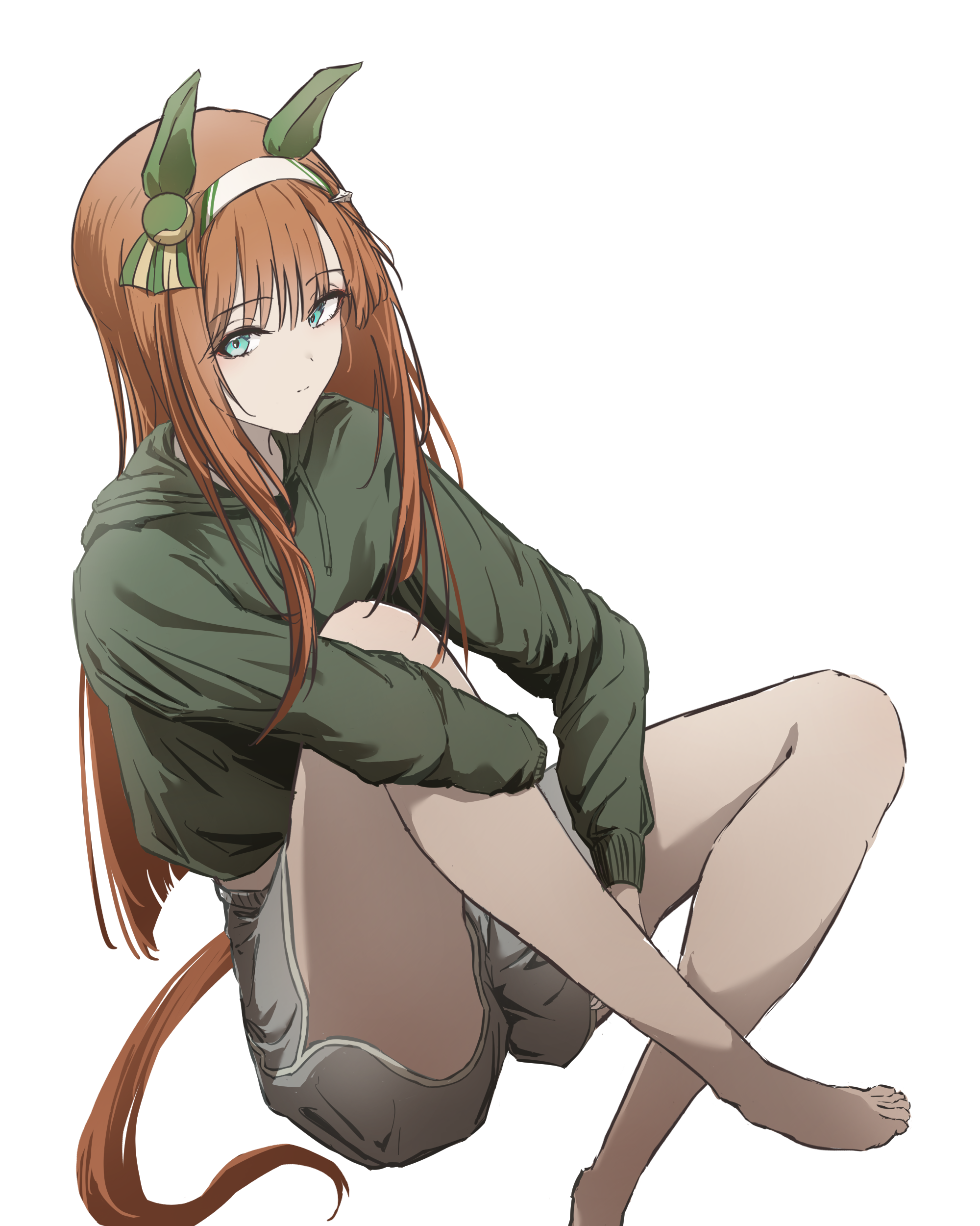 nyampasu3939, silence suzuka (umamusume), umamusume, absurdres, highres, 1girl, animal ears, blue eyes, blunt bangs, closed mouth, ear covers, green eyes, green hoodie, grey shorts, hairband, hime cut, hood, hood down, hoodie, horse ears, horse girl, horse tail, long hair, long sleeves, looking at viewer, orange hair, shorts, simple background, solo, tail, white background, white hairband