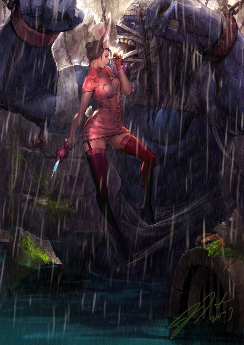 highres, animal ears, bandages, breasts, brown hair, cleavage, dirty, goblin, high heel boots, monster, nurse, rabbit ears, rabbit tail, rain, syringe, tail, thigh boots, thighhighs