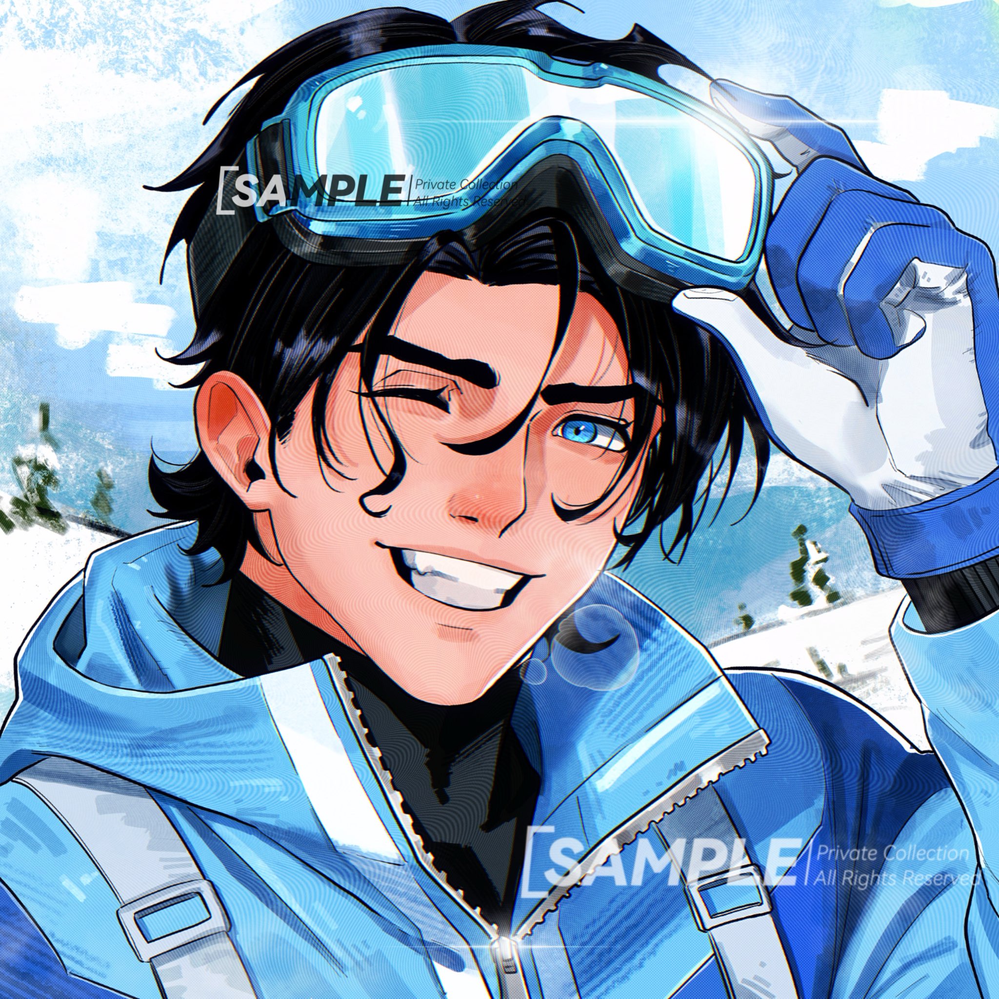 smallstarrrr, dick grayson, nightwing, batman (series), dc comics, commentary, highres, symbol-only commentary, 1boy, black hair, blue eyes, gloves, goggles, goggles on head, holding, male focus, mountain, muscular, muscular male, pine tree, short hair, simple background, ski gear, ski goggles, skiing, smile, snow, tree, winter, winter clothes