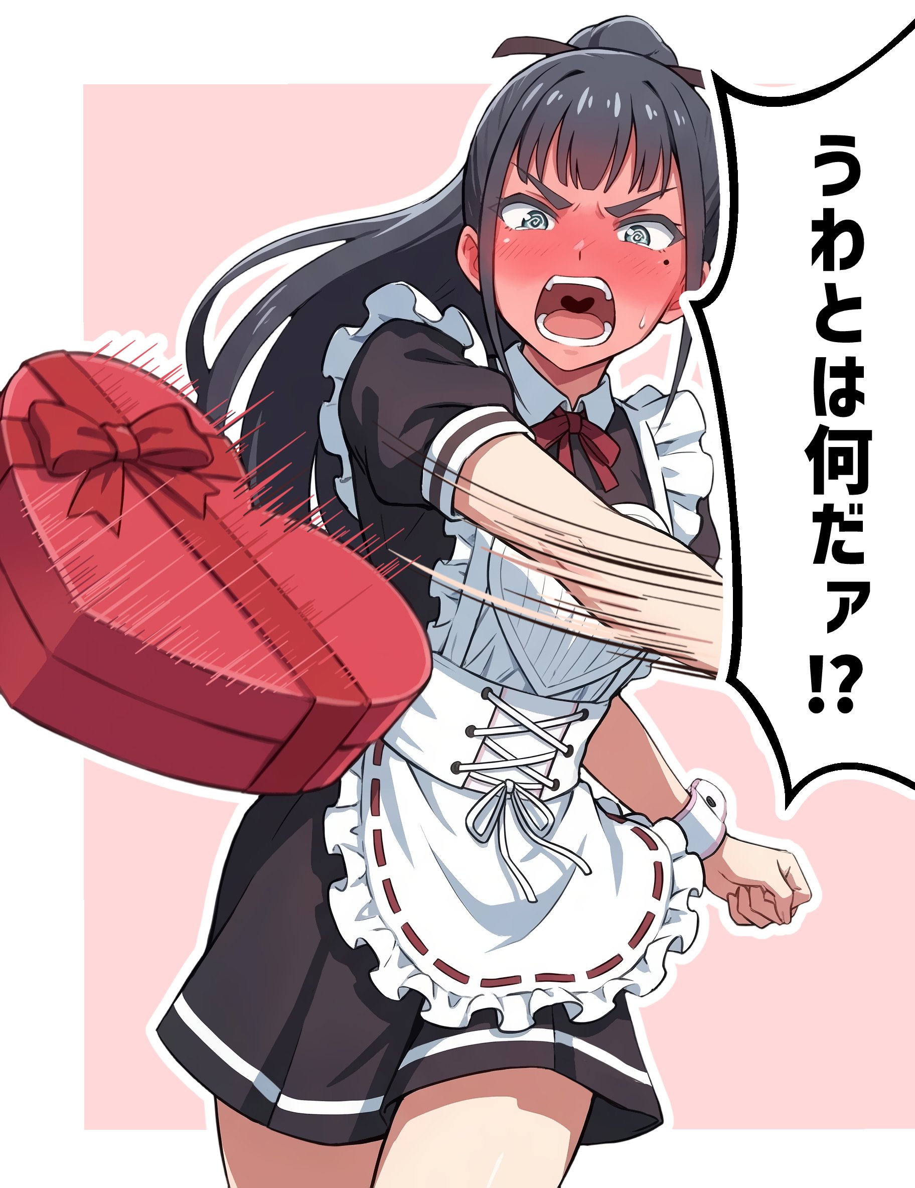 hiraji, amaya tsubame, gakuen idolmaster, idolmaster, highres, translation request, 1girl, angry, annoyed, apron, black hair, box, box of chocolates, candy, chocolate, chocolate heart, cow, dress, food, frilled dress, frills, hair between eyes, heart, heart-shaped food, long hair, maid, maid apron, open mouth, ponytail, short sleeves, sidelocks, solo, speech bubble, spread legs, teeth, throwing, upper body