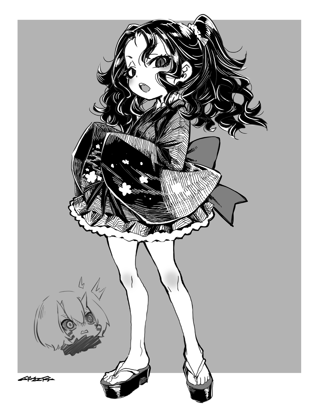 mudou eichi, kibutsuji muzan, kibutsuji muzan (female), mukago (kimetsu no yaiba), kimetsu no yaiba, commentary request, highres, 2girls, aged down, blush, full body, greyscale, japanese clothes, kimono, long hair, looking at viewer, monochrome, multiple girls, okobo, open mouth, platform sandals, sandals, short kimono, sleeves past fingers, sleeves past wrists, twintails