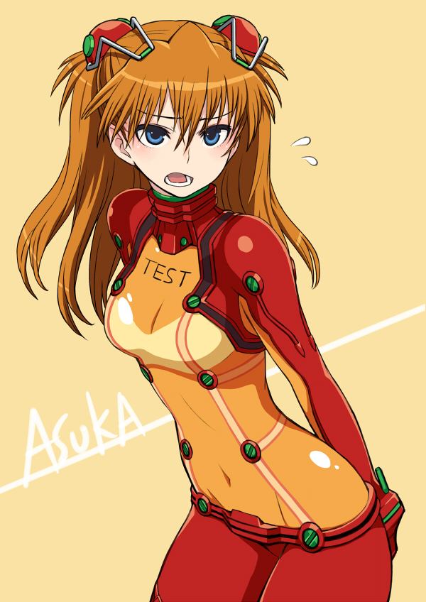 chan co, souryuu asuka langley, neon genesis evangelion, rebuild of evangelion, 00s, 1girl, :o, arms behind back, blue eyes, blush, bodysuit, bra, bracer, breasts, brown hair, character name, cleavage, clothes writing, covered navel, covering ass, covering privates, cowboy shot, embarrassed, english text, female focus, flying sweatdrops, from side, gloves, groin, hair ornament, hairpods, hip focus, interface headset (evangelion), leaning forward, long hair, looking at viewer, mecha pilot suit, orange background, orange hair, plugsuit (evangelion), raised eyebrows, see-through cleavage, see-through clothes, simple background, small breasts, solo, test plugsuit (evangelion), turtleneck, two side up, underwear