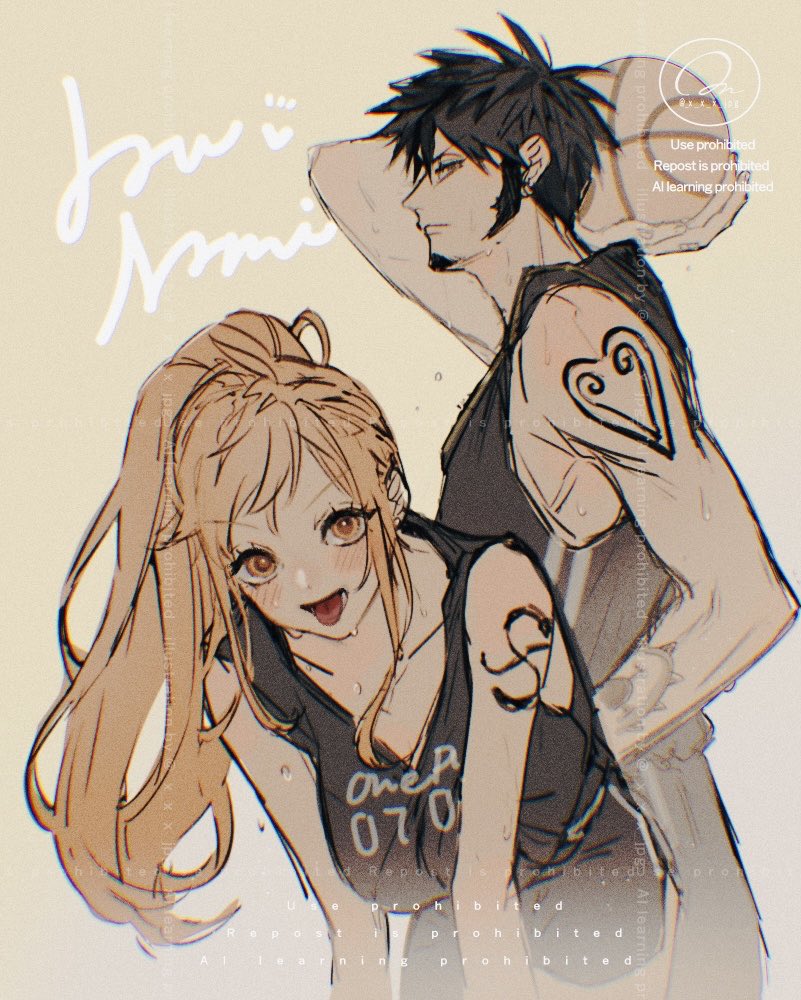 yum xoxo yum, nami (one piece), trafalgar law, one piece, commentary request, 1boy, 1girl, arm tattoo, arm up, ball, bare shoulders, basketball (object), basketball jersey, basketball uniform, black hair, blush, breasts, character name, closed mouth, collarbone, cowboy shot, facial hair, from side, high ponytail, holding, holding ball, large breasts, leaning forward, long hair, looking at viewer, open mouth, orange hair, ponytail, profile, short hair, shoulder tattoo, sportswear, sweat, tattoo, tongue, tongue out, twitter username