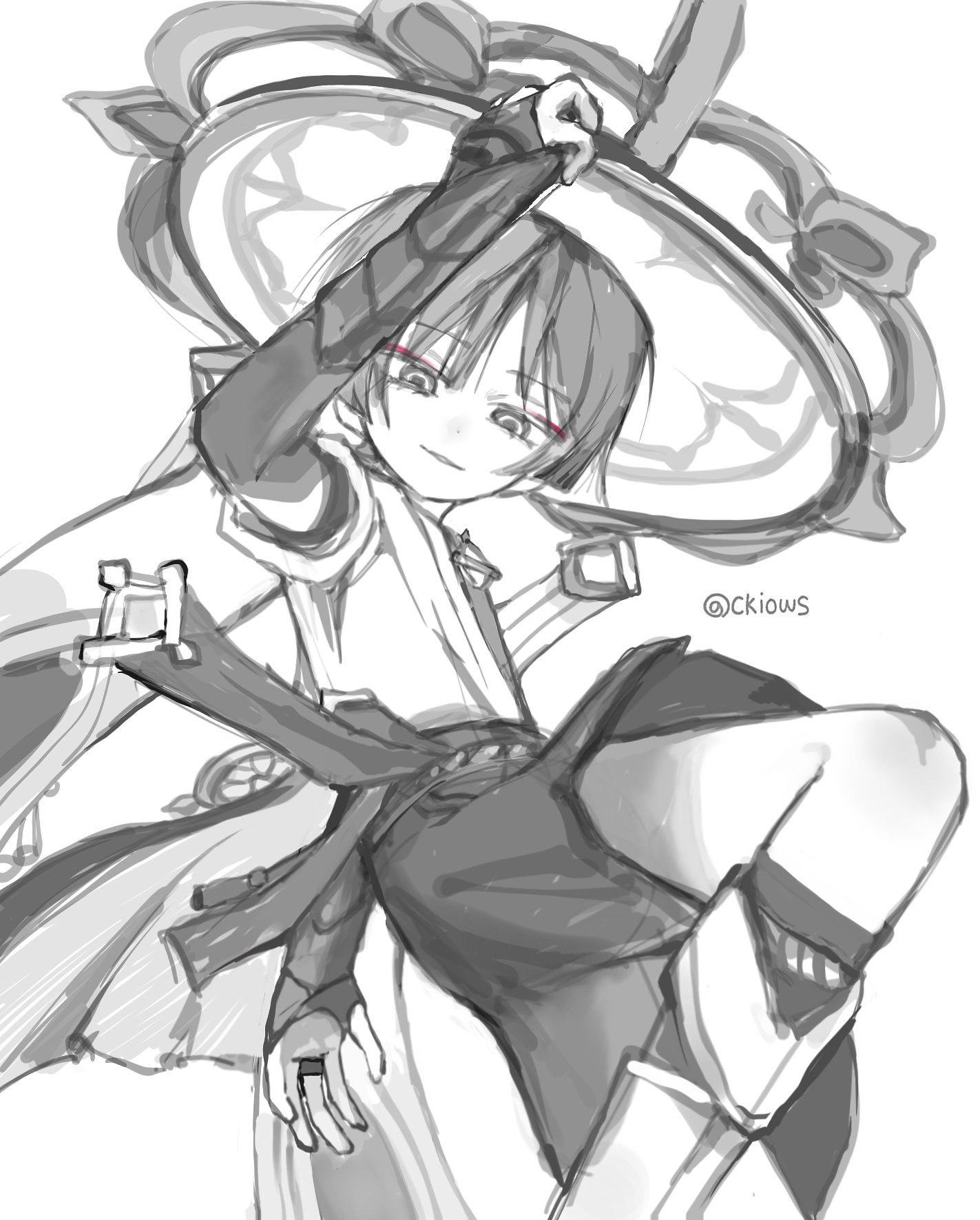 ckiows, scaramouche (genshin impact), wanderer (genshin impact), genshin impact, highres, 1boy, arm at side, armor, blunt ends, bridal gauntlets, eyelashes, eyeliner, eyeshadow, from below, furisode, greyscale, hand up, hat, japanese armor, japanese clothes, jingasa, kimono, kote, leg warmers, looking at viewer, makeup, male focus, middle ring, monochrome, open hand, parted lips, red eyeliner, red eyeshadow, rope, short sleeves, shorts, smirk, solo, spot color, tsurime, twitter username, white background, wispy bangs