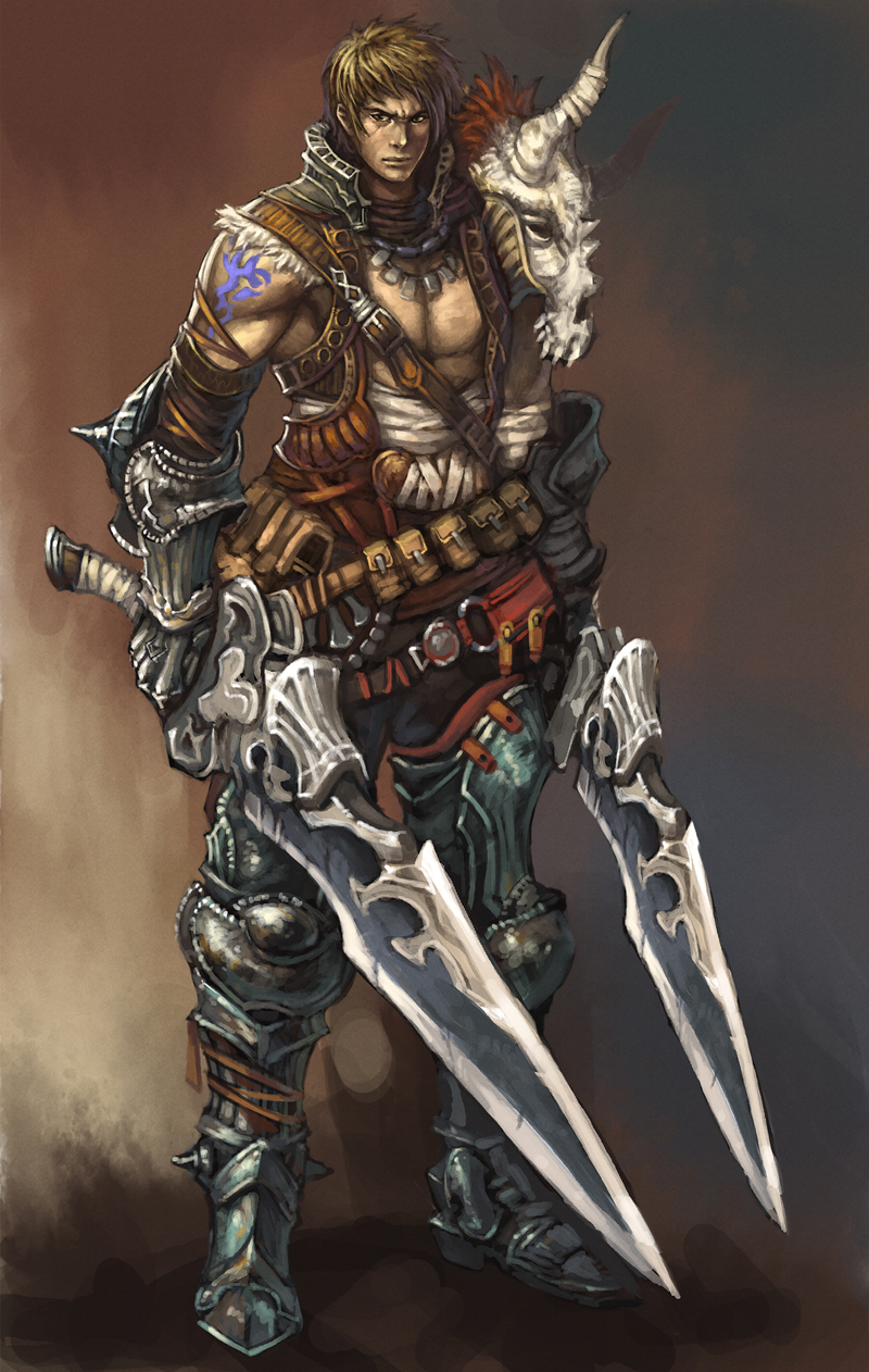 lieqi hun, original, bad id, bad pixiv id, highres, 1boy, armor, blonde hair, boots, dual wielding, gauntlets, greaves, holding, male focus, skull, solo, sword, tattoo, weapon