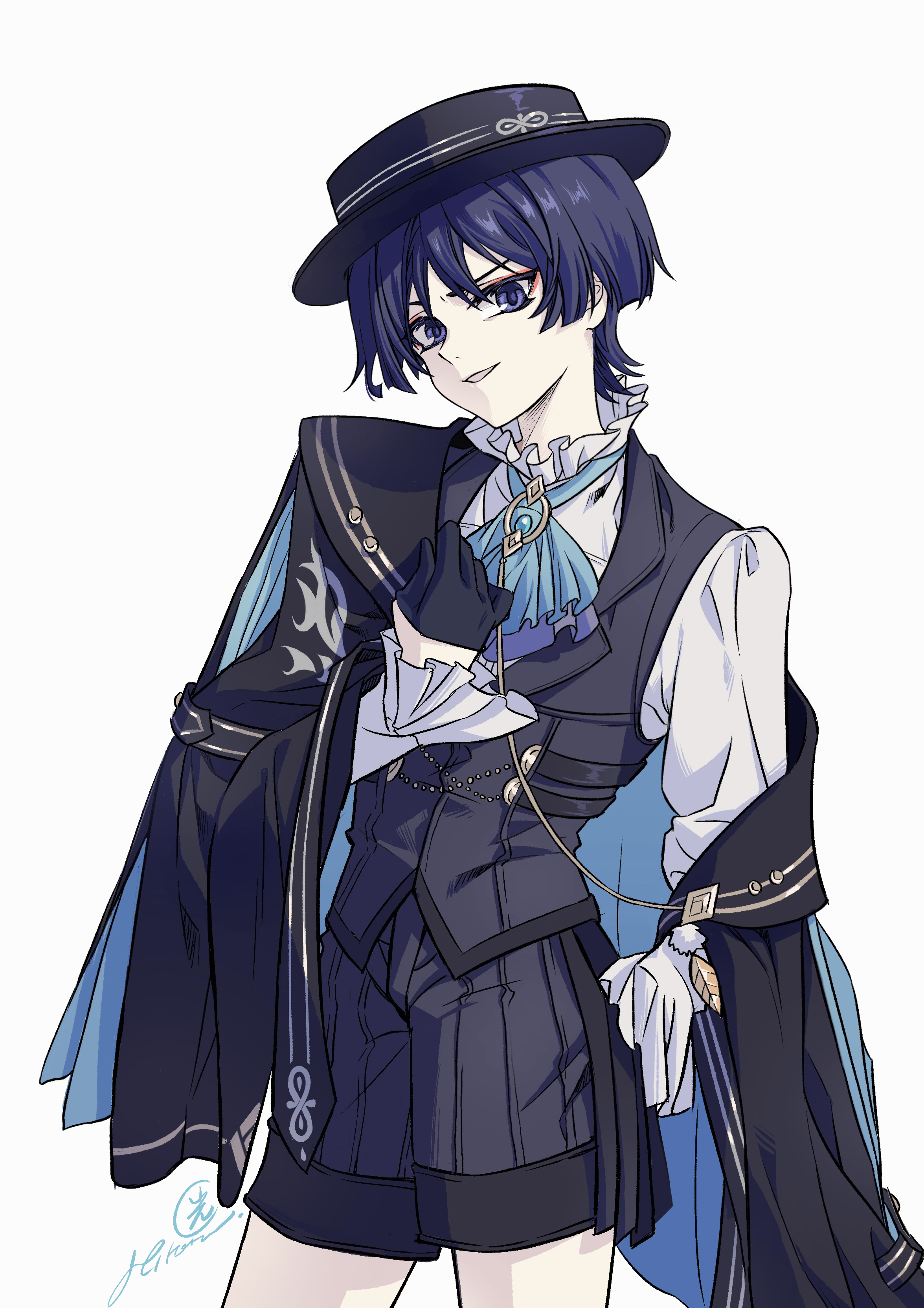 hikaru002001, scaramouche (genshin impact), genshin impact, absurdres, highres, 1boy, alternate costume, arm at side, artist name, ascot, black cloak, black gloves, black hair, black hat, black shorts, black vest, blue ascot, blue cloak, blue gemstone, blunt ends, boater hat, cloak, collared shirt, contemporary, cowboy shot, eyelashes, eyeliner, eyeshadow, feathers, formal clothes, frilled shirt collar, frilled sleeves, frills, gem, gloves, gold, half gloves, hand in pocket, hand up, hat, head tilt, lapels, long sleeves, looking at viewer, makeup, male focus, open mouth, pom pom (clothes), purple eyes, red eyeliner, red eyeshadow, shirt, shorts, solo, two-sided cloak, two-sided fabric, undershirt, vest, white background, white shirt, white sleeves, white trim, yellow feathers