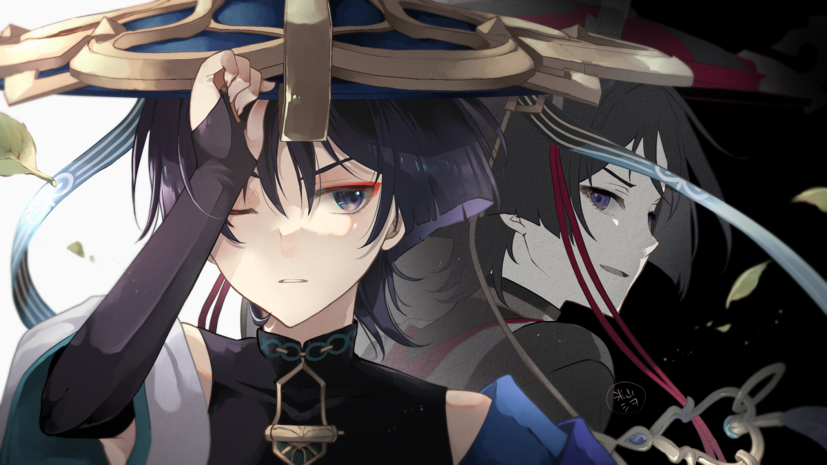 komesiwo syumi, scaramouche (genshin impact), wanderer (genshin impact), genshin impact, 2boys, aqua sleeves, black background, black bodysuit, black bridal gauntlets, black hair, black hat, black kimono, black sleeves, black vs white, blue cape, blue hat, blunt ends, bodysuit, bridal gauntlets, cape, colored inner hair, contrast, dual persona, eyeliner, eyeshadow, falling leaves, gold, gold ring, hand up, hat, japanese clothes, jewelry, jingasa, kimono, layered sleeves, leaf, looking at another, looking at viewer, looking back, looking to the side, makeup, mandarin collar, middle ring, multicolored hair, multiple boys, neck ring, one eye closed, parted lips, purple eyes, purple hair, red eyeliner, red eyeshadow, red hat, red kimono, short sleeves, shoulder peek, sideways glance, sideways mouth, tsurime, turtleneck, turtleneck bodysuit, two-tone background, two-tone hat, white background, white kimono, white mouth, white sleeves, wispy bangs