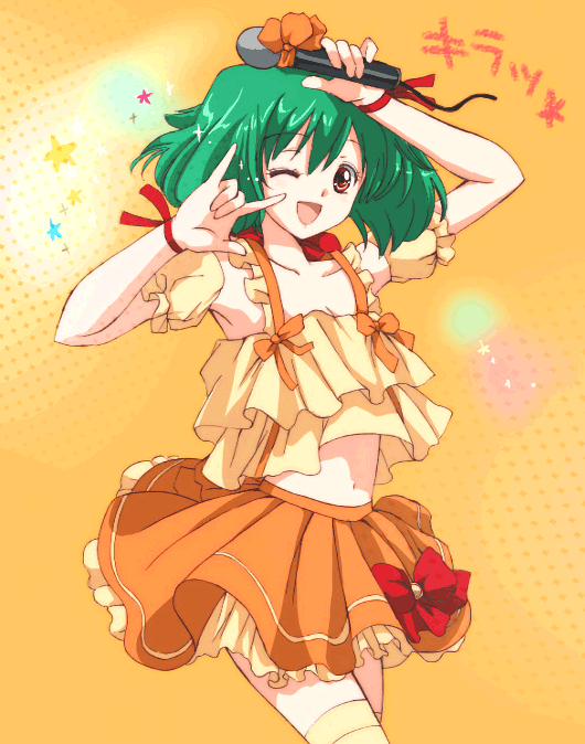 akina tsukako, ranka lee, macross, macross frontier, 00s, m/, brown eyes, flapper shirt, green hair, midriff, navel, one eye closed, open mouth, seikan hikou, shirt, solo, thighhighs, wink