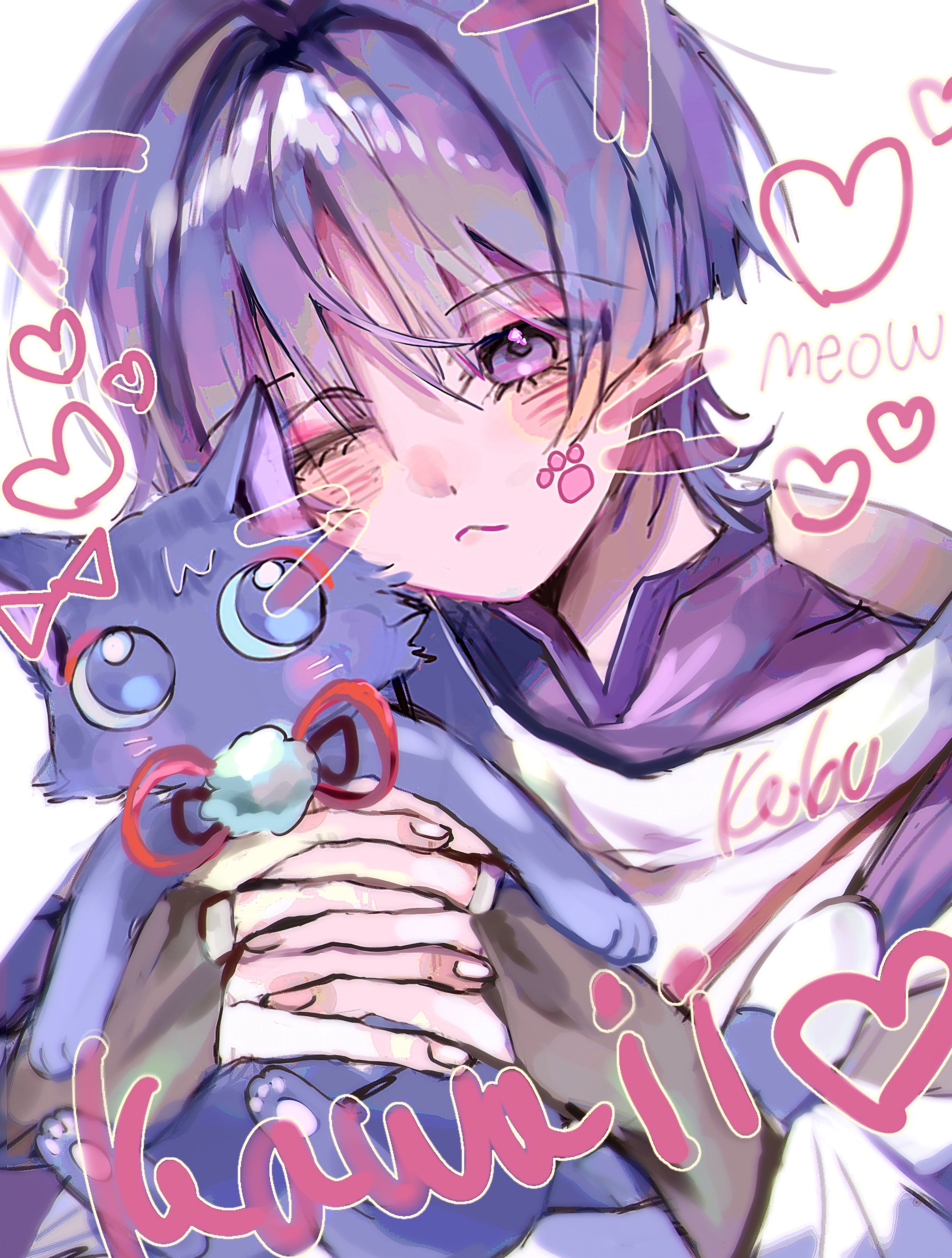 ckiows, scaramouche (cat) (genshin impact), scaramouche (genshin impact), scaramouche (kabukimono) (genshin impact), genshin impact, absurdres, commentary, highres, symbol-only commentary, 1boy, animal, animalization, black bridal gauntlets, blunt ends, blush, bridal gauntlets, cat, closed mouth, drawn whiskers, eyelashes, fingernails, gold ring, head tilt, heart, holding, holding animal, holding cat, interlocked fingers, japanese clothes, kariginu, kimono, looking at viewer, male focus, mandarin collar, meowing, middle ring, own hands together, person and animalization, pom pom (clothes), purple cat, purple eyes, purple hair, purple kimono, purple sleeves, romaji text, shoulder peek, sound effects, string, tareme, three-quarter sleeves, upper body, white background, white sleeves, wispy bangs