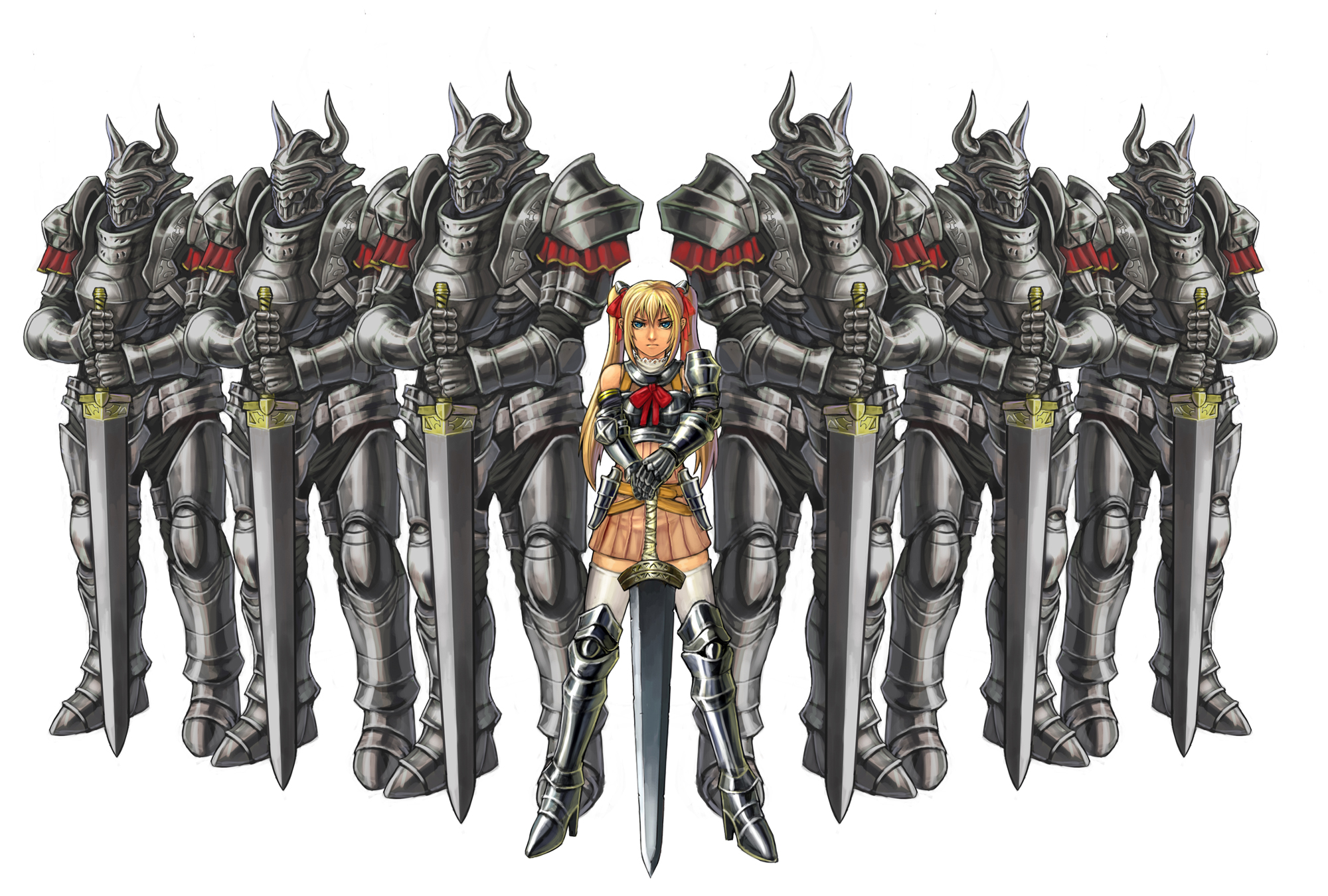 lieqi hun, original, bad id, bad pixiv id, highres, 1girl, 6+boys, armor, blonde hair, blue eyes, boots, dwarf, full armor, gauntlets, helmet, knight, multiple boys, sword, thighhighs, twintails, weapon