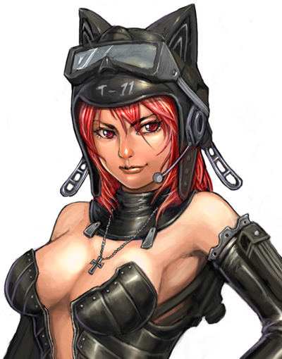 lieqi hun, original, bad id, bad pixiv id, 1girl, animal ears, breasts, cat ears, cleavage, fake animal ears, female focus, goggles, headset, helmet, jewelry, large breasts, necklace, red eyes, red hair, short hair, simple background, solo, white background