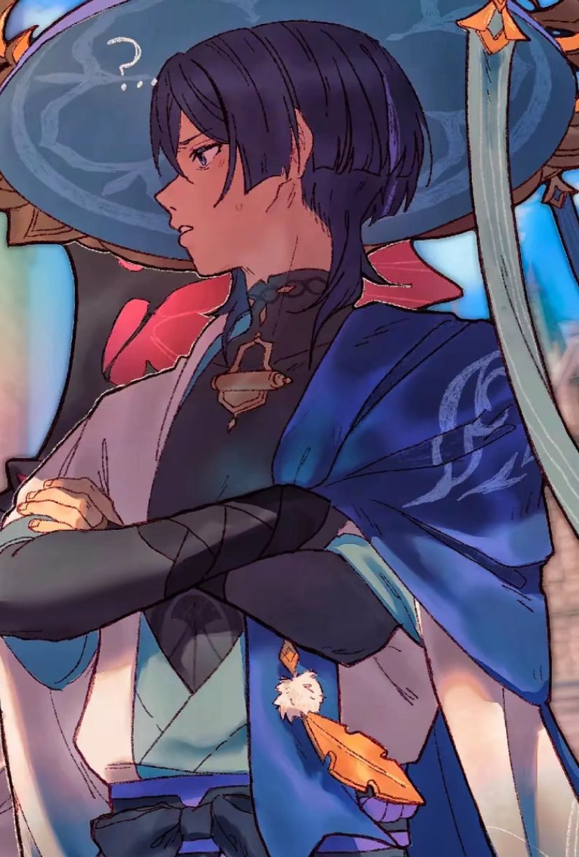 ebany ohuet, scaramouche (genshin impact), wanderer (genshin impact), genshin impact, highres, …, 1boy, ?, armor, black bodysuit, black bow, black hair, blue cape, blue eyes, blue hat, blue kimono, blue sleeves, blunt ends, blurry, blurry background, bodysuit, bow, bridal gauntlets, cape, colored skin, covered collarbone, crossed arms, dragon wings, feathers, fingernails, furisode, gold, grey bridal gauntlets, hand on own arm, hat, japanese armor, japanese clothes, jingasa, juban, kimono, kote, kurokote, layered sleeves, looking to the side, male focus, mandarin collar, multicolored hair, open clothes, open kimono, parted lips, pom pom (clothes), purple hair, purple rope, purple sash, red skin, red wings, rope, sash, short sleeves, solo, streaked hair, sweatdrop, turning head, upper body, white kimono, white mouth, white sleeves, white trim, wings, yellow feathers