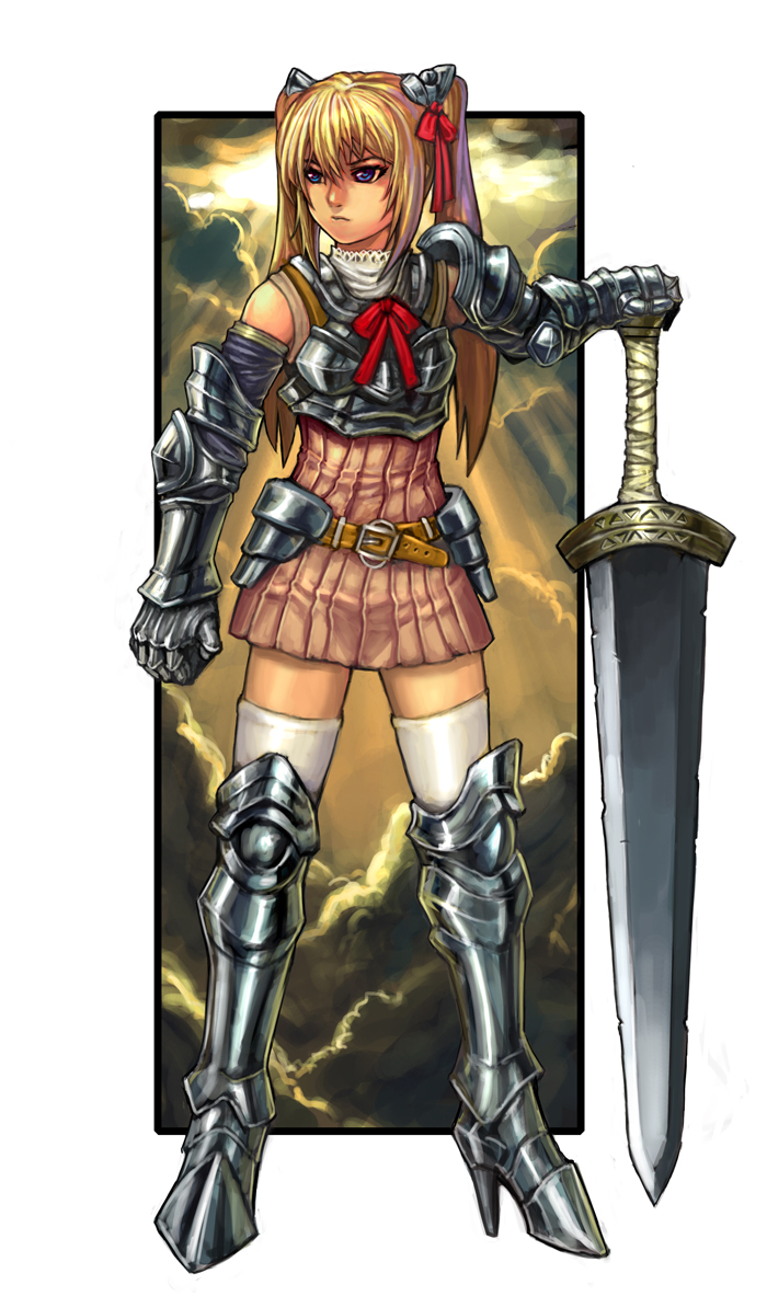 lieqi hun, original, bad id, bad pixiv id, 1girl, armor, belt, blonde hair, blue eyes, boots, couter, dwarf, female focus, gauntlets, hair between eyes, huge weapon, solo, sword, thighhighs, twintails, weapon, white thighhighs