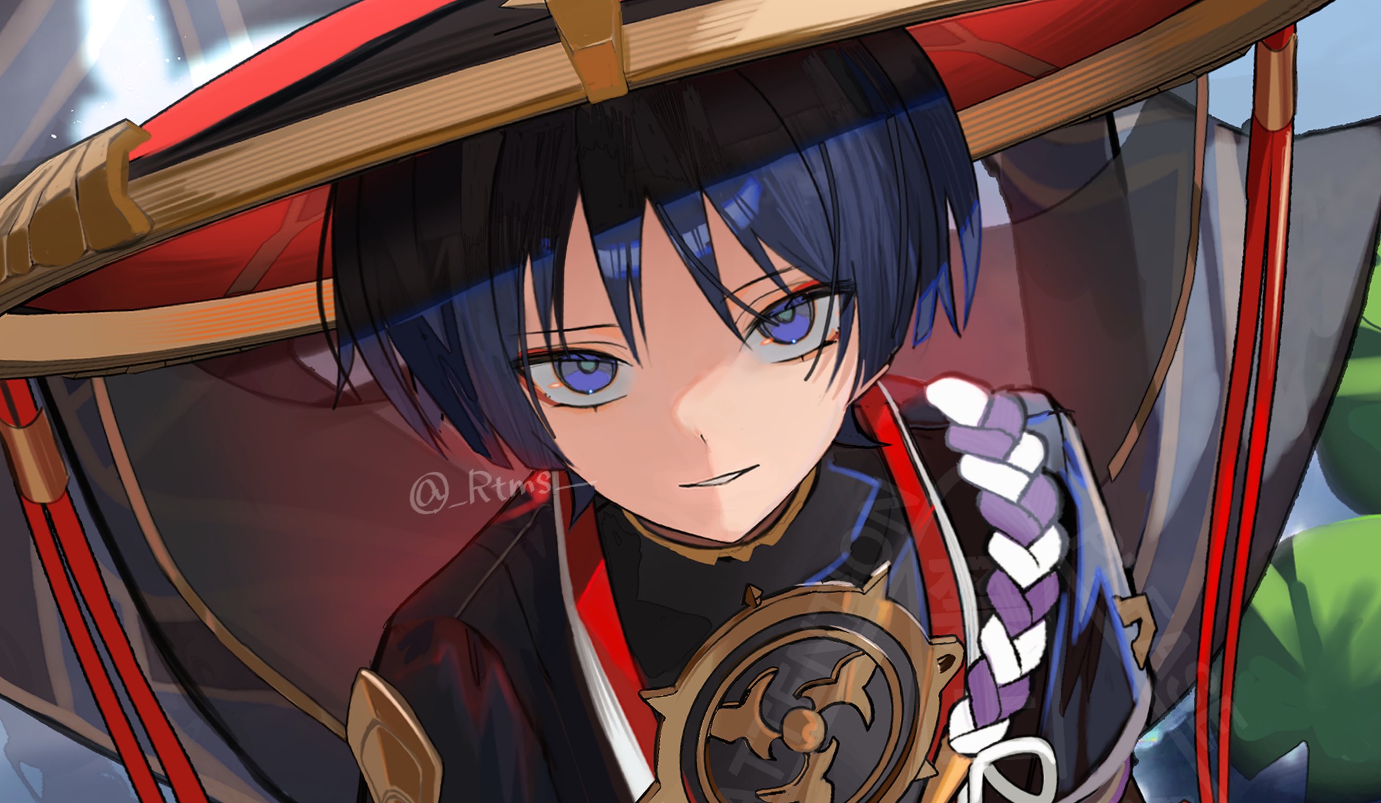 rtms, scaramouche (genshin impact), genshin impact, hashtag-only commentary, highres, 1boy, aqua pupils, black kimono, black sleeves, blue hair, blunt ends, eyelashes, eyeliner, eyeshadow, gold, gold trim, grey veil, hat, japanese clothes, jewelry, jingasa, juban, kimono, leaning to the side, looking at viewer, makeup, male focus, mitsudomoe (shape), multicolored hair, neck ring, open clothes, open kimono, outdoors, parted lips, plant, portrait, purple eyes, purple rope, red eyeliner, red eyeshadow, red hat, red kimono, rope, sanpaku, shimenawa, single sode, smile, solo, streaked hair, tomoe (symbol), tsurime, twitter username, veil, white kimono, white mouth, white rope, wispy bangs
