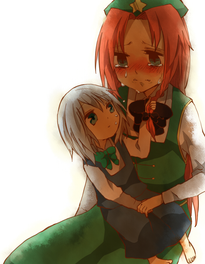 orange (artist), orange (bibiko), hong meiling, izayoi sakuya, embodiment of scarlet devil, touhou, silver hair, bad id, bad pixiv id, 2girls, aged down, blush, braid, chinese clothes, crying, crying with eyes open, female focus, hat, multiple girls, red hair, ribbon, tears