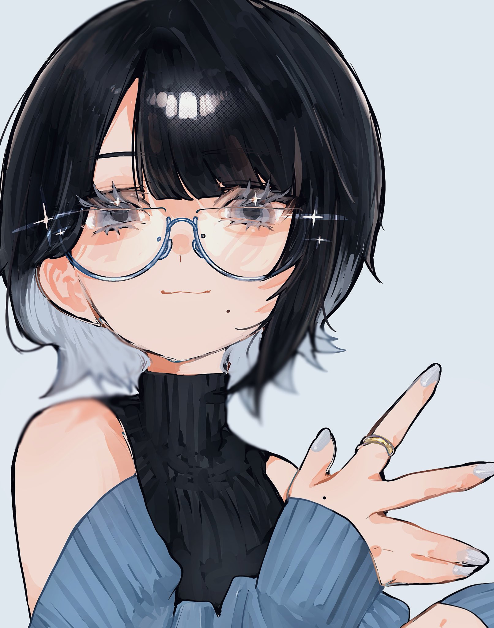 oubaisameko 181, original, commentary request, highres, 1girl, black hair, black sweater, blue sleeves, closed mouth, colored inner hair, detached sleeves, eyelashes, glasses, grey eyes, grey hair, grey nails, jewelry, light smile, looking at viewer, mole, mole under mouth, multicolored hair, nail polish, ring, short hair, simple background, sleeveless, sleeveless sweater, solo, sparkle, sweater, turtleneck, turtleneck sweater, two-tone hair