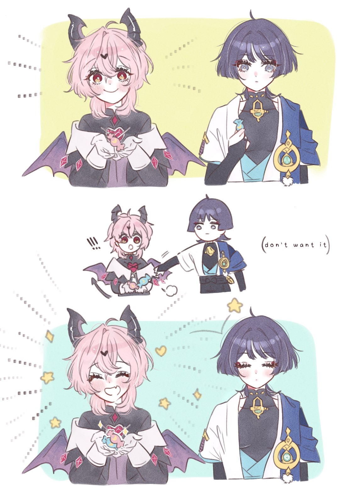 mimacbr, mini durin (genshin impact), mini durin (human) (genshin impact), scaramouche (genshin impact), wanderer (genshin impact), genshin impact, commentary, highres, symbol-only commentary, 2boys, ahoge, anemo symbol (genshin impact), aqua gemstone, arm at side, black bodysuit, black bow, black bridal gauntlets, black coat, black collar, black hair, black shirt, black sleeves, black tail, blue cape, blue kimono, blue sleeves, blunt ends, blush, bodysuit, bow, bridal gauntlets, bright pupils, candy, cape, chest jewel, closed eyes, closed mouth, coat, collar, covered collarbone, cowlick, dragon boy, dragon horns, dragon tail, dragon wings, english text, eyelashes, facial mark, facing viewer, fang, food, forehead mark, gem, giving, gloves, grey eyes, hand up, hands up, happy, heart, heart-shaped gem, heart facial mark, holding, holding candy, holding food, horns, japanese clothes, juban, kimono, layered sleeves, long sleeves, looking at food, looking at viewer, mandarin collar, multiple boys, open clothes, open coat, open hands, open kimono, orange eyes, outstretched arm, pink hair, pom pom (clothes), purple horns, purple vest, purple wings, red gemstone, sequential, shirt, short sleeves, shoulder peek, skin fang, smile, tail, tareme, two-sided horns, vest, vision (genshin impact), white collar, white gloves, white kimono, white mouth, white pupils, white sleeves, wings, wispy bangs