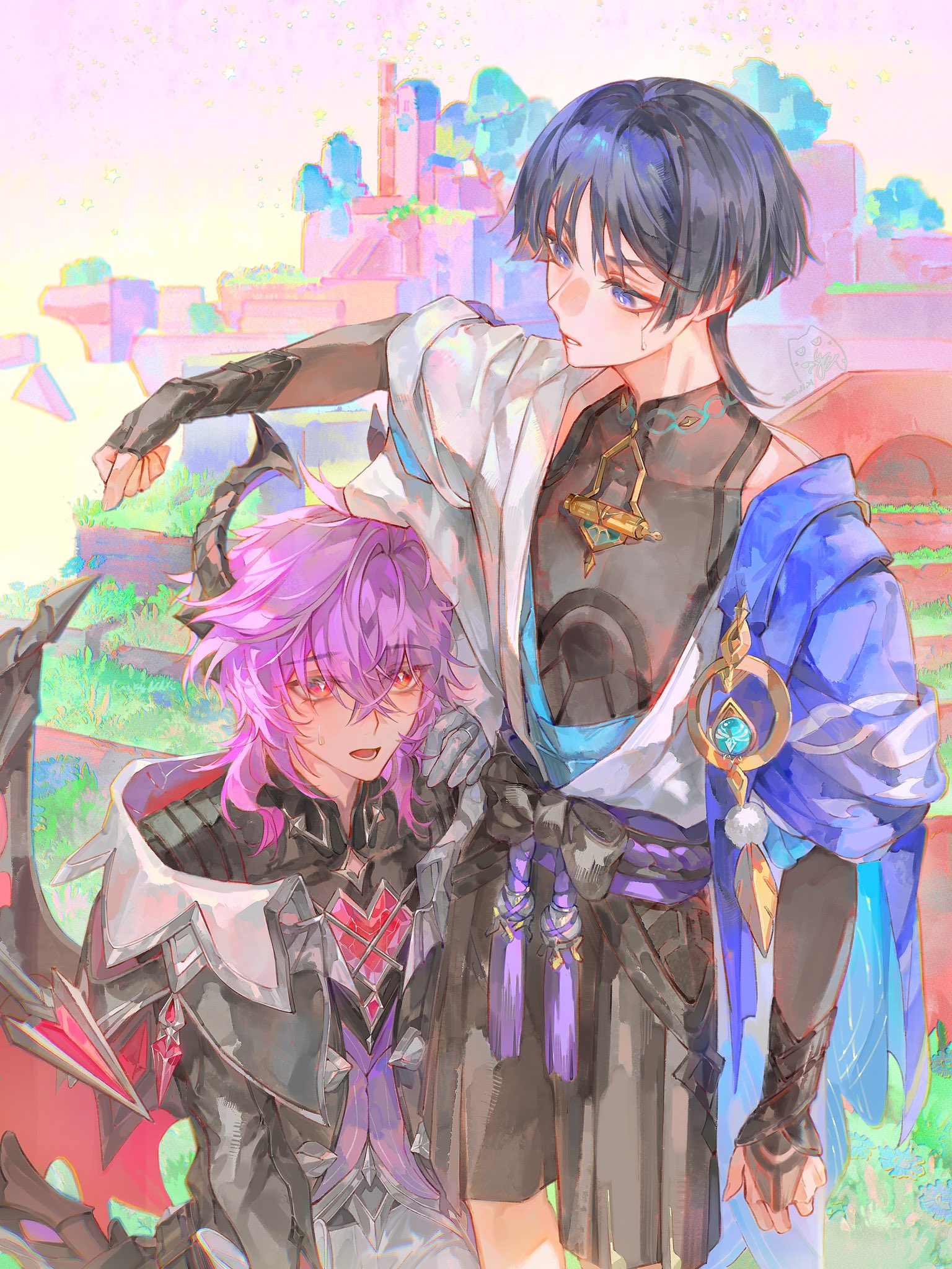 you yeyou0904, mini durin (genshin impact), mini durin (human) (genshin impact), scaramouche (genshin impact), wanderer (genshin impact), genshin impact, highres, 2boys, anemo symbol (genshin impact), aqua gemstone, arm at side, armor, belt, black belt, black bodysuit, black bow, black coat, black hair, black horns, black shirt, black sleeves, black tail, blue eyes, blue kimono, blue sleeves, blunt ends, bodysuit, bow, bridal gauntlets, bright pupils, cape, chest jewel, clenched hand, clothing cutout, coat, collar, covered collarbone, cracked gemstone, dragon boy, dragon horns, dragon tail, dragon wings, eyelashes, eyeliner, eyeshadow, facial mark, feathers, forehead mark, gem, grass, grey bridal gauntlets, hakama, hakama shorts, hand up, heart-shaped gem, hip vent, horns, japanese armor, japanese clothes, juban, kimono, kote, kurokote, layered sleeves, long sleeves, looking at another, makeup, mandarin collar, multiple boys, open clothes, open kimono, outdoors, pants, parted lips, pastel colors, pink hair, pleated shorts, pom pom (clothes), purple cape, purple rope, purple sash, purple vest, red eyeliner, red eyes, red eyeshadow, red gemstone, red wings, rope, sash, shirt, short sleeves, shorts, shoulder peek, slit pupils, sweatdrop, tail, tassel, tsurime, undershirt, vest, vision (genshin impact), white collar, white kimono, white mouth, white pants, white pupils, white sleeves, white trim, wings, wispy bangs, yellow feathers