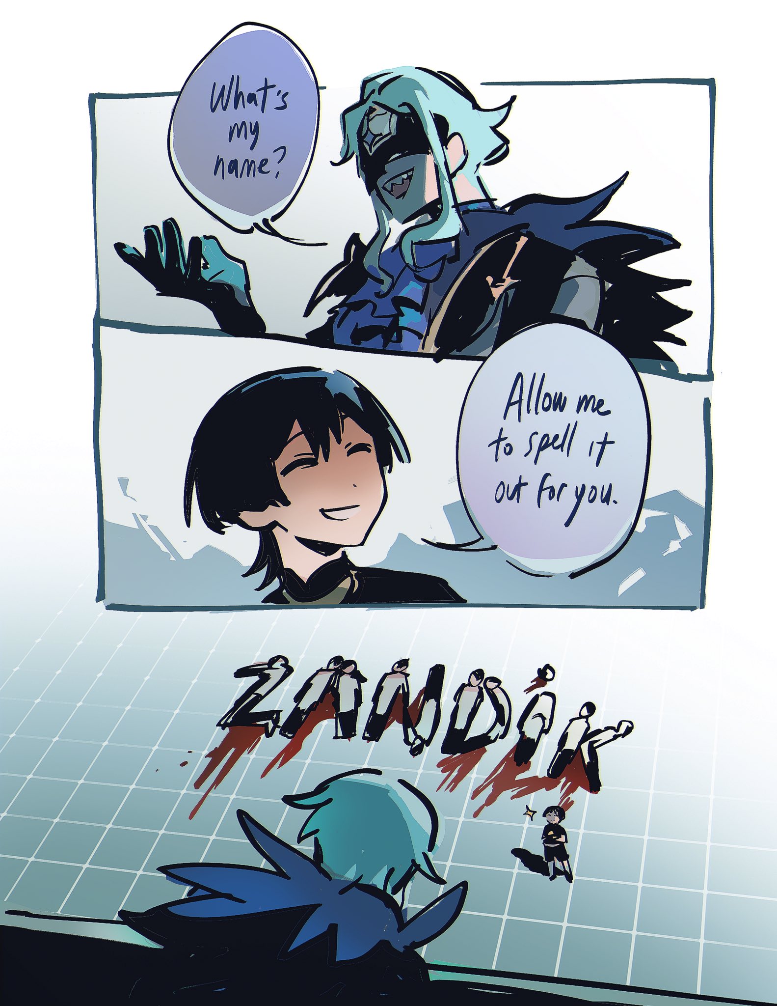 fenkko, dottore (genshin impact), scaramouche (genshin impact), deadpool (series), genshin impact, marvel, facing up, highres, 2boys, aqua gloves, aqua hair, ascot, black gloves, black hair, black mask, black shorts, blood, blood on ground, blue ascot, blunt ends, closed eyes, corpse, crossed arms, disembodied head, english text, eye mask, facing down, fur collar, gloves, gold, hair between eyes, hand up, jewelry, mandarin collar, mask, multiple boys, neck ring, open hand, open mouth, parody, sharp teeth, short hair with long locks, shorts, speech bubble, standing, teeth, tile floor, tiles, two-sided gloves, white mouth