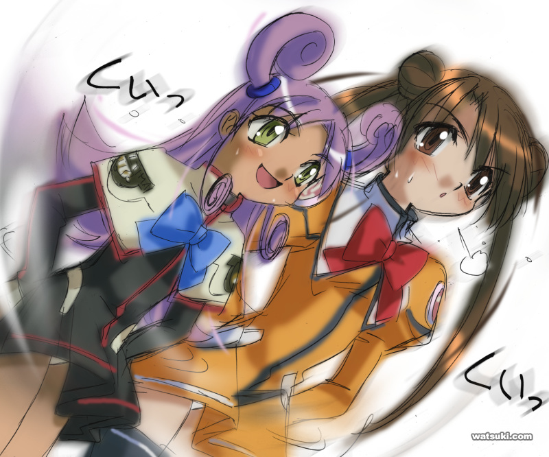 watsuki ayamo, katase shima, kazamatsuri rinna, uchuu no stellvia, 00s, 2girls, brown eyes, brown hair, double bun, hair bun, motion blur, multiple girls, panties, purple hair, school uniform, simple background, thighhighs, twintails, underwear, watermark, web address, white background, zettai ryouiki