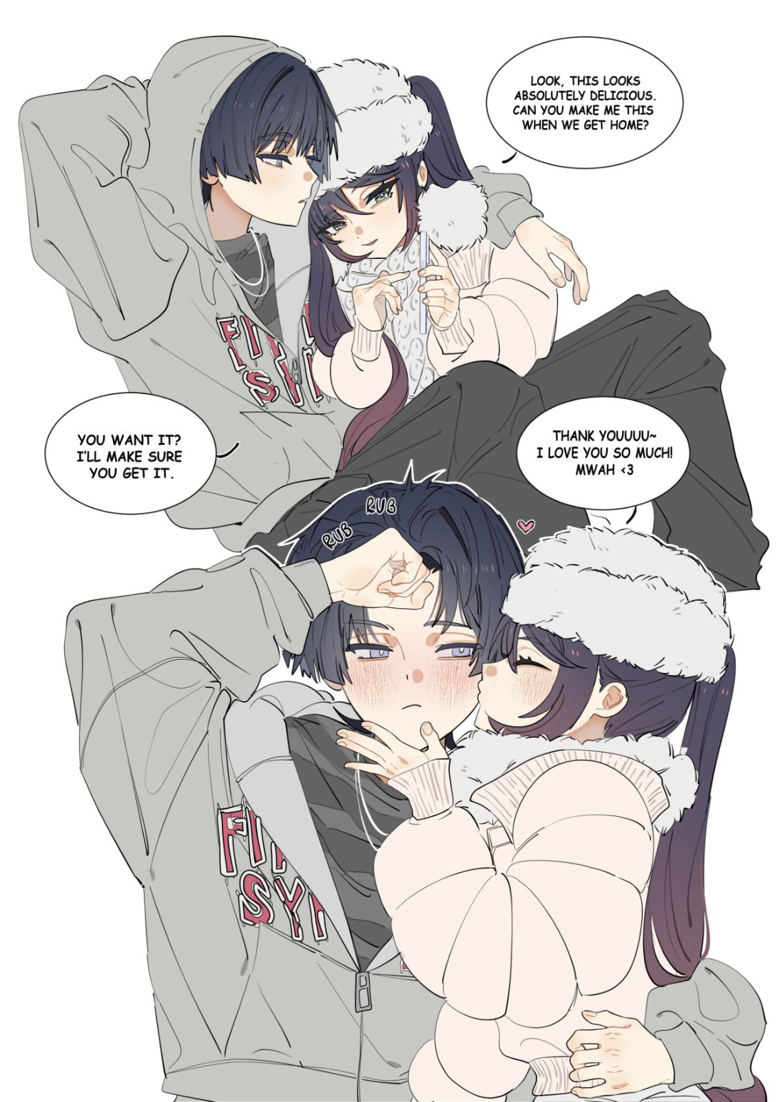 ysnden, mona (genshin impact), scaramouche (genshin impact), genshin impact, highres, 1boy, 1girl, alternate costume, aqua eyes, arm around waist, arm behind head, arm up, black hair, blunt bangs, blunt ends, blush, casual, cellphone, choppy bangs, clenched hand, coat, contemporary, couple, english text, eyelashes, facing another, fur collar, fur hat, grey eyes, grey hood, grey jacket, grey pants, grey shirt, grey sleeves, hair between eyes, hand on another's waist, hand on own forehead, hat, hetero, holding, holding phone, hood, hood down, hood up, hooded jacket, jacket, jewelry, kiss, kissing cheek, long hair, long sleeves, looking at another, necklace, pants, parted bangs, phone, pink nails, scarf, sequential, shirt, side-by-side, smartphone, speech bubble, striped clothes, striped shirt, tsurime, twintails, white background, white coat, white hat, white scarf, white sleeves, winter clothes, winter coat, zipper pull tab