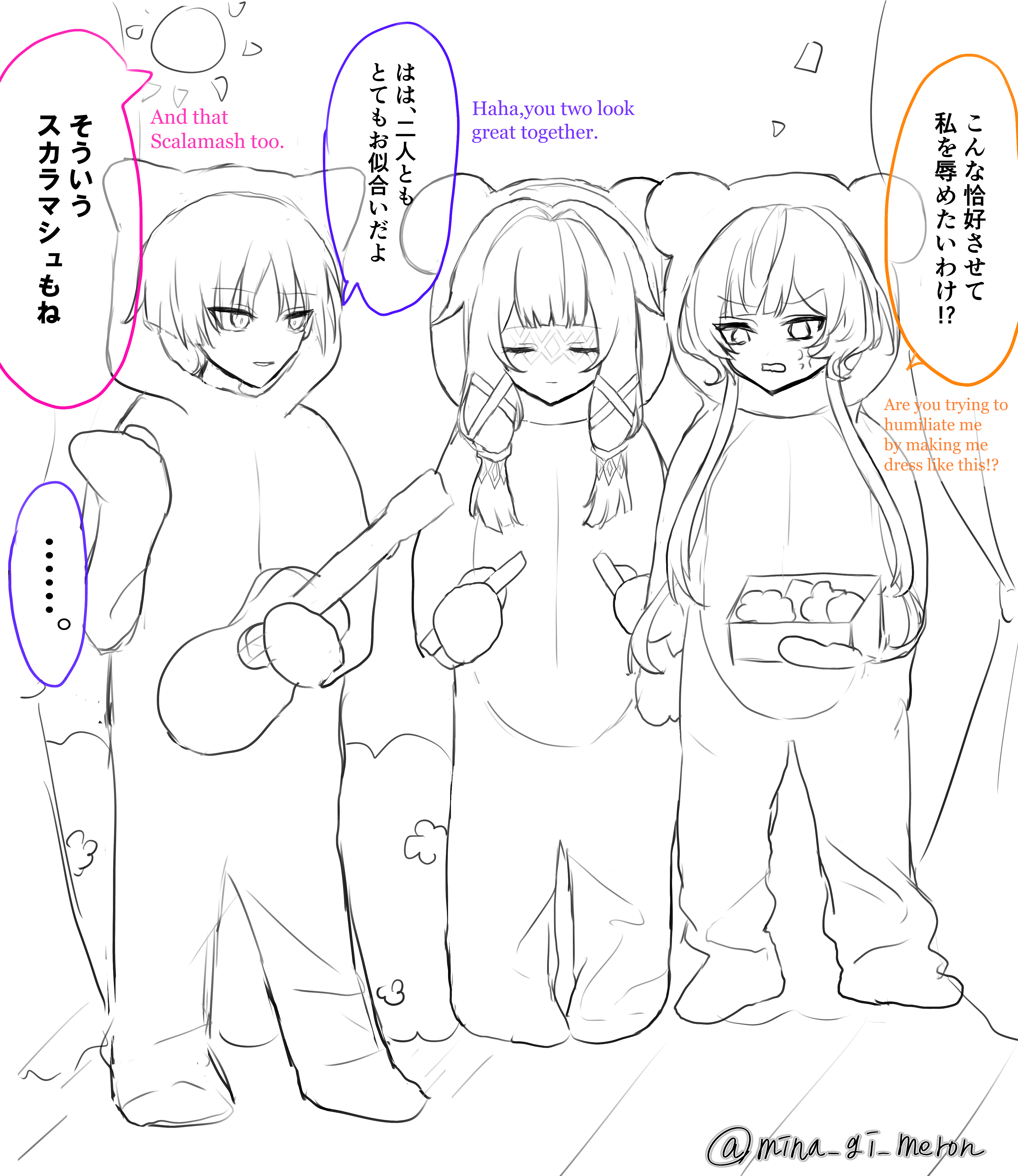 columbina (genshin impact), sandrone (genshin impact), scaramouche (genshin impact), genshin impact, absurdres, highres, …, 1boy, 2girls, anger vein, annoyed, blunt bangs, blunt ends, blunt tresses, box, bush, closed eyes, english text, eyelashes, eyes visible through eyewear, facing viewer, full body, greyscale, guitar, hair intakes, hair ribbon, hair tubes, hand up, holding, holding box, holding guitar, holding instrument, instrument, long sidelocks, looking at another, mina gi meron, mixed-language text, monochrome, multiple girls, one eye closed, onesie, outdoors, parted bangs, parted lips, ribbon, sidelocks, sketch, speech bubble, spoken ellipsis, standing, sun, swept bangs, tree, tress ribbon, wispy bangs