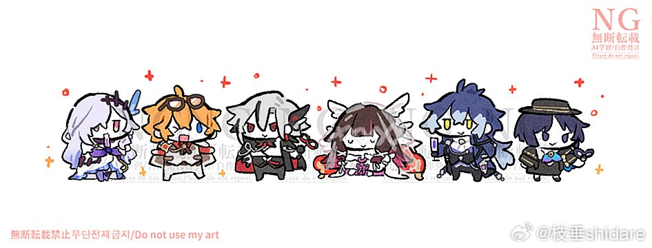 shidare (youh4016), arlecchino (genshin impact), columbina (genshin impact), flins (genshin impact), scaramouche (genshin impact), skirk (genshin impact), tartaglia (genshin impact), genshin impact, > o, 3boys, 3girls, ahoge, arm behind back, artist name, ascot, black cape, black eyes, black hair, black hat, black pants, black vest, blue eyes, blue hair, blunt bangs, blunt ends, blunt tresses, boater hat, bridal veil, cape, center-flap bangs, chibi, closed mouth, coat, colored extremities, cup, dress, eyewear on head, facing another, frown, glass, gold trim, grey cloak, grey hair, grey pants, grey vest, hair between eyes, hair ornament, hair ribbon, hat, head wings, holding, holding cup, jitome, long hair, looking at another, looking to the side, multicolored hair, multiple boys, multiple girls, multiple wings, one eye closed, open mouth, orange hair, outstretched arms, pants, parted bangs, pink hair, purple coat, red cape, red eyes, ribbon, shirt, smile, spread arms, standing, streaked hair, tress ribbon, two-sided cape, two-sided fabric, veil, vest, watermark, white ascot, white dress, white hair, white shirt, white wings, wings, yellow eyes