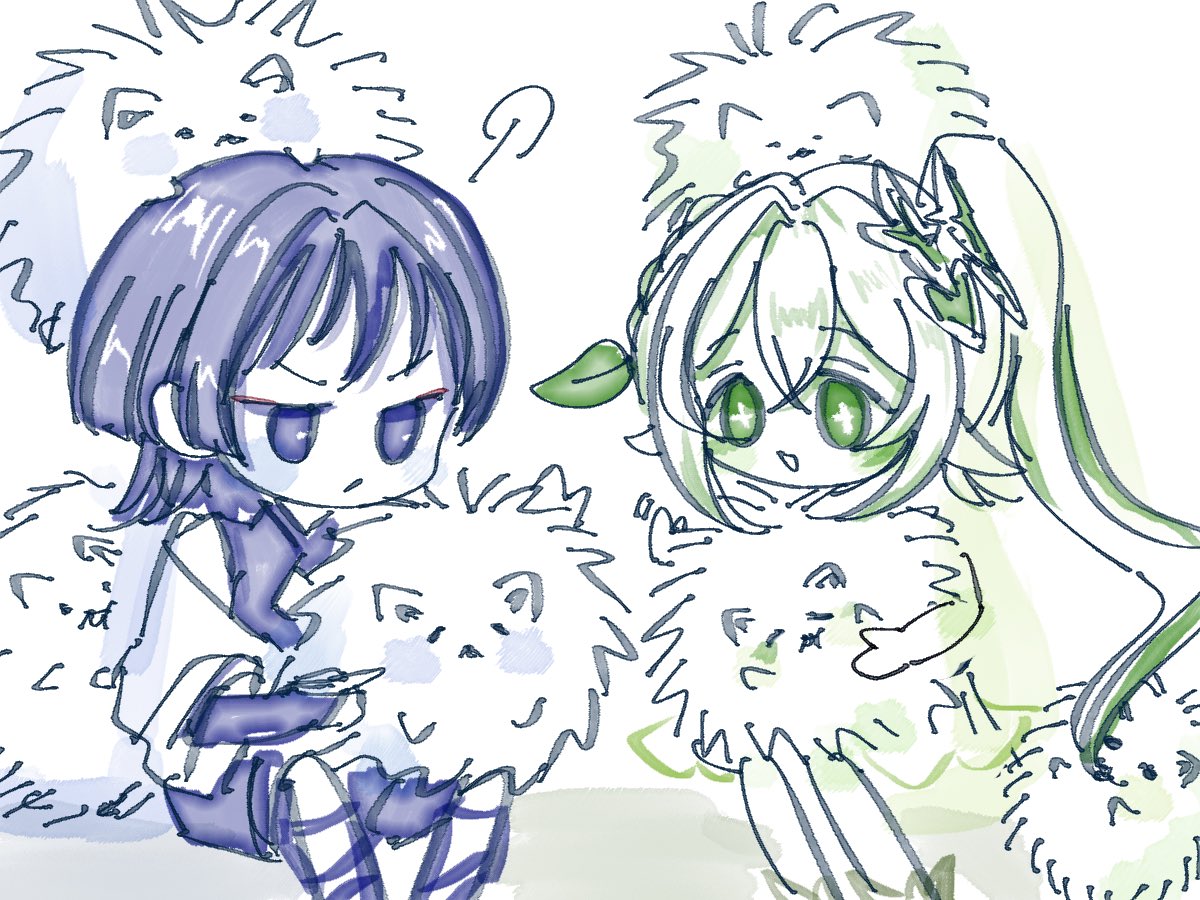 dry eyes, nahida (genshin impact), scaramouche (genshin impact), wanderer (genshin impact), genshin impact, 1boy, 1girl, animal, blunt ends, blush, bodysuit, bridal gauntlets, bright pupils, closed mouth, cross-shaped pupils, crossed bangs, dog, dog on lap, eyeliner, eyeshadow, green eyes, green hair, hair between eyes, hair ornament, heart, heart hair ornament, holding, holding animal, japanese clothes, kimono, leaf, leaf hair ornament, limited palette, long hair, makeup, mandarin collar, multicolored hair, open mouth, pointy ears, purple eyes, purple hair, red eyeliner, red eyeshadow, shoulder peek, side ponytail, sidelocks, sitting, sketch, streaked hair, symbol-shaped pupils, three-quarter sleeves, white background, white hair, white pupils, wispy bangs