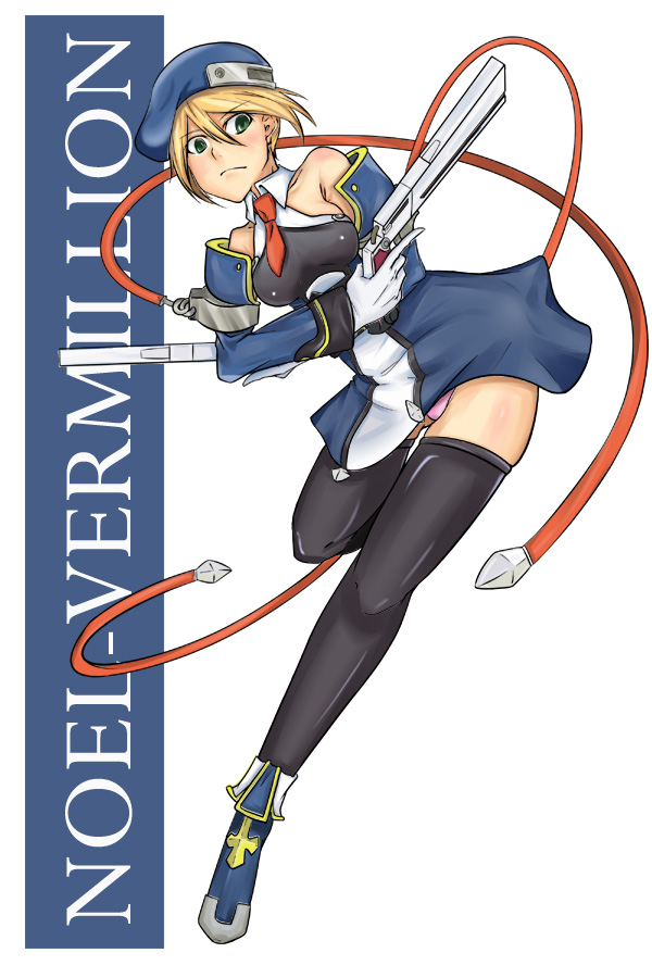 noisyu, noel vermillion, arc system works, blazblue, 1girl, bare shoulders, beret, blonde hair, blue boots, boots, character name, detached sleeves, dress, dual wielding, female focus, gloves, green eyes, gun, hands on own hips, hat, holding, necktie, panties, pantyshot, ribbon, short dress, short hair, solo, thighhighs, underwear, weapon, white gloves, zettai ryouiki
