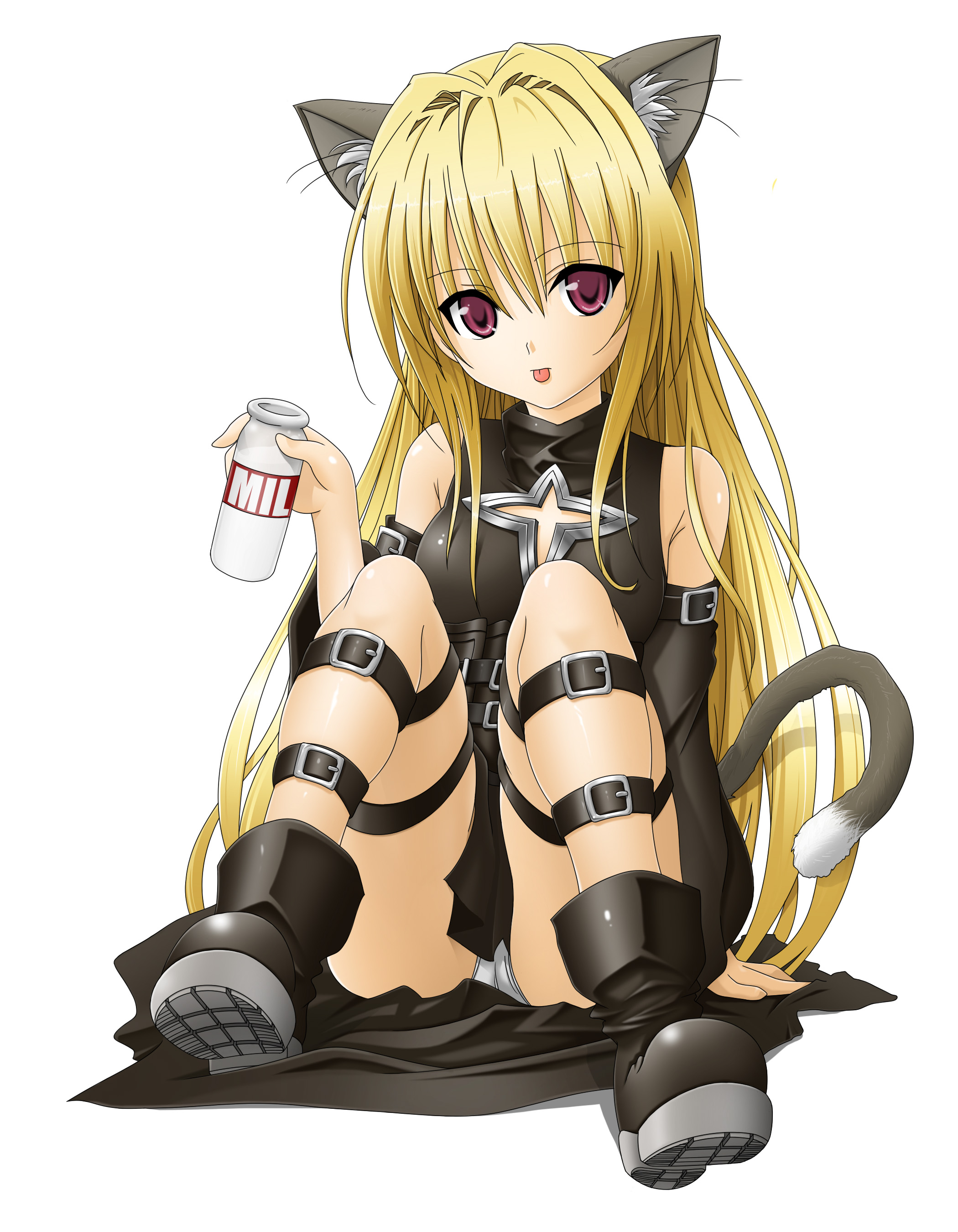toshi (anime coloring), konjiki no yami, to love-ru, absurdres, duplicate, highres, 00s, 1girl, :p, animal ears, blonde hair, boots, cat ears, cat girl, cat tail, female focus, long hair, milk, panties, pantyshot, red eyes, simple background, sitting, skirt, solo, tail, thigh strap, tongue, tongue out, underwear, upskirt, white panties