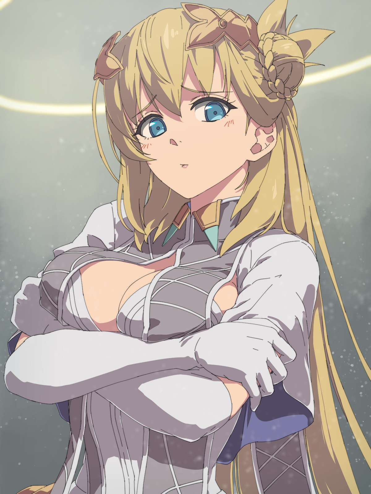 chiharu (9654784), agnes claudel, eiyuu densetsu, kai no kiseki, kuro no kiseki (series), highres, 1girl, blonde hair, blue eyes, blush, braid, breasts, bun with braided base, crossed arms, gloves, long hair, looking at viewer, simple background, white gloves