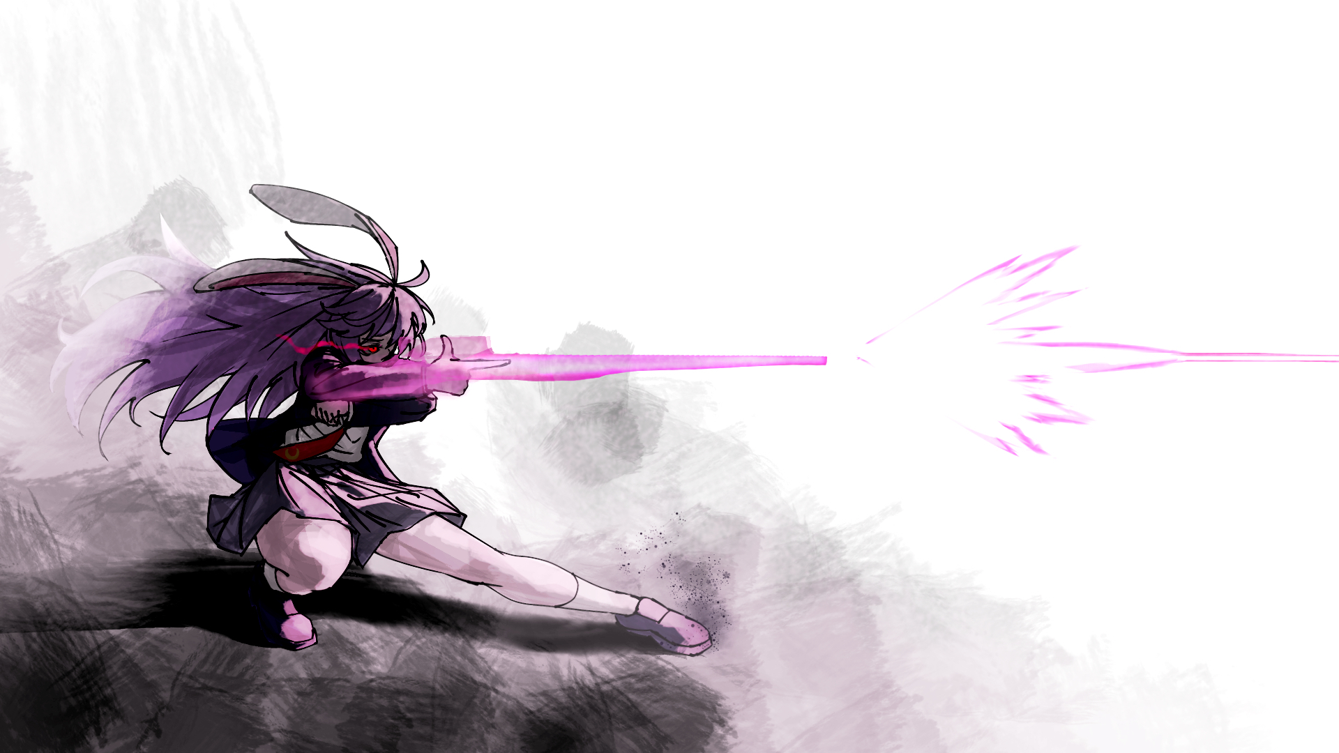 tenx2 1341, reisen udongein inaba, touhou, check weapon, commentary, highres, weapon request, 1girl, ahoge, animal ears, black background, black jacket, blazer, brown shoes, dust cloud, energy gun, eye trail, finger gun, floating hair, gradient background, grey background, hand on own elbow, jacket, light trail, long sleeves, necktie, outstretched leg, pink skirt, pleated skirt, pointing, purple energy, purple hair, purple shoes, rabbit ears, rabbit girl, red eyes, red necktie, shirt, shoes, skirt, socks, solo, spell, squatting, weapon, white background, white shirt, white socks