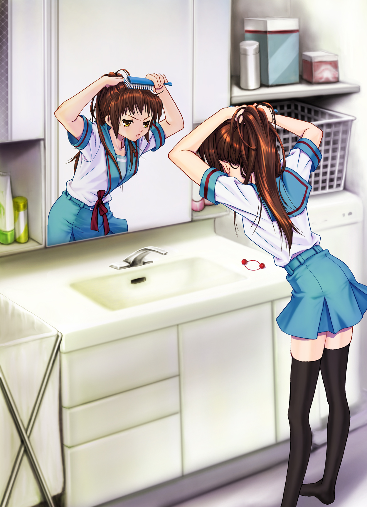 shirobou., kyonko, suzumiya haruhi no yuuutsu, gender request, highres, 00s, 1girl, adjusting hair, black thighhighs, brown hair, female focus, genderswap, hair bobbles, hair brush, hair ornament, miniskirt, ponytail, school uniform, serafuku, skirt, slice of life, solo, thighhighs