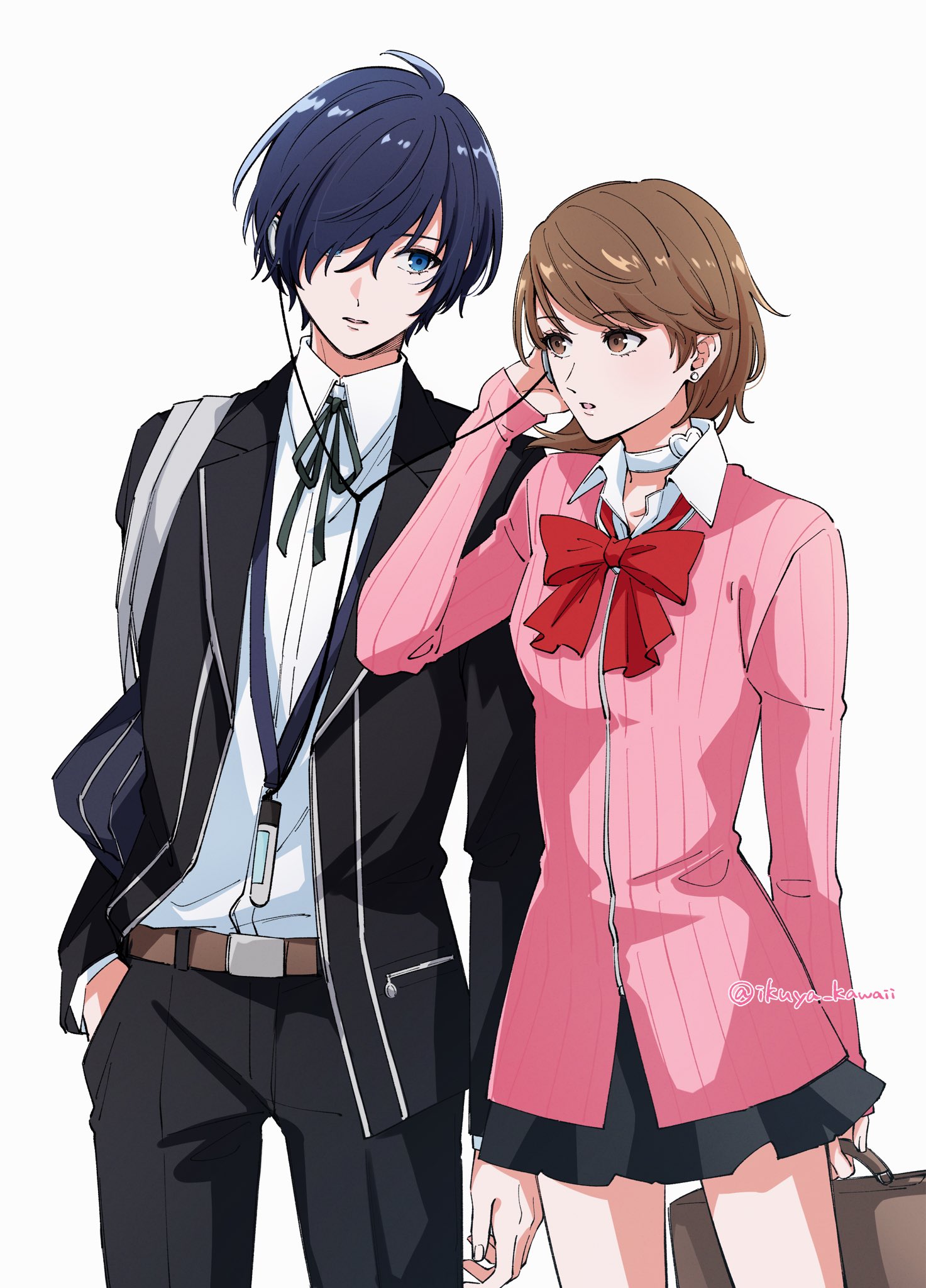 ikuya kawaii, takeba yukari, yuuki makoto (persona 3), persona, persona 3, highres, 1boy, 1girl, bag, belt, black jacket, black pants, black ribbon, black skirt, blue eyes, blue hair, bow, bowtie, brown eyes, brown hair, cardigan, choker, collared shirt, cowboy shot, digital media player, digital walkman, earphones, earrings, flipped hair, gekkoukan high school uniform, hair over one eye, hand in pocket, heart, heart choker, height difference, holding, holding bag, jacket, jewelry, listening to music, long sleeves, looking at another, loose bowtie, miniskirt, neck ribbon, open clothes, open jacket, pants, parted lips, pink cardigan, pleated skirt, red bow, red bowtie, ribbed cardigan, ribbon, school bag, school uniform, shared earphones, shirt, short hair, shoulder bag, skirt, stud earrings, swept bangs, twitter username, walkman nw-s203f, white background, white choker, white shirt