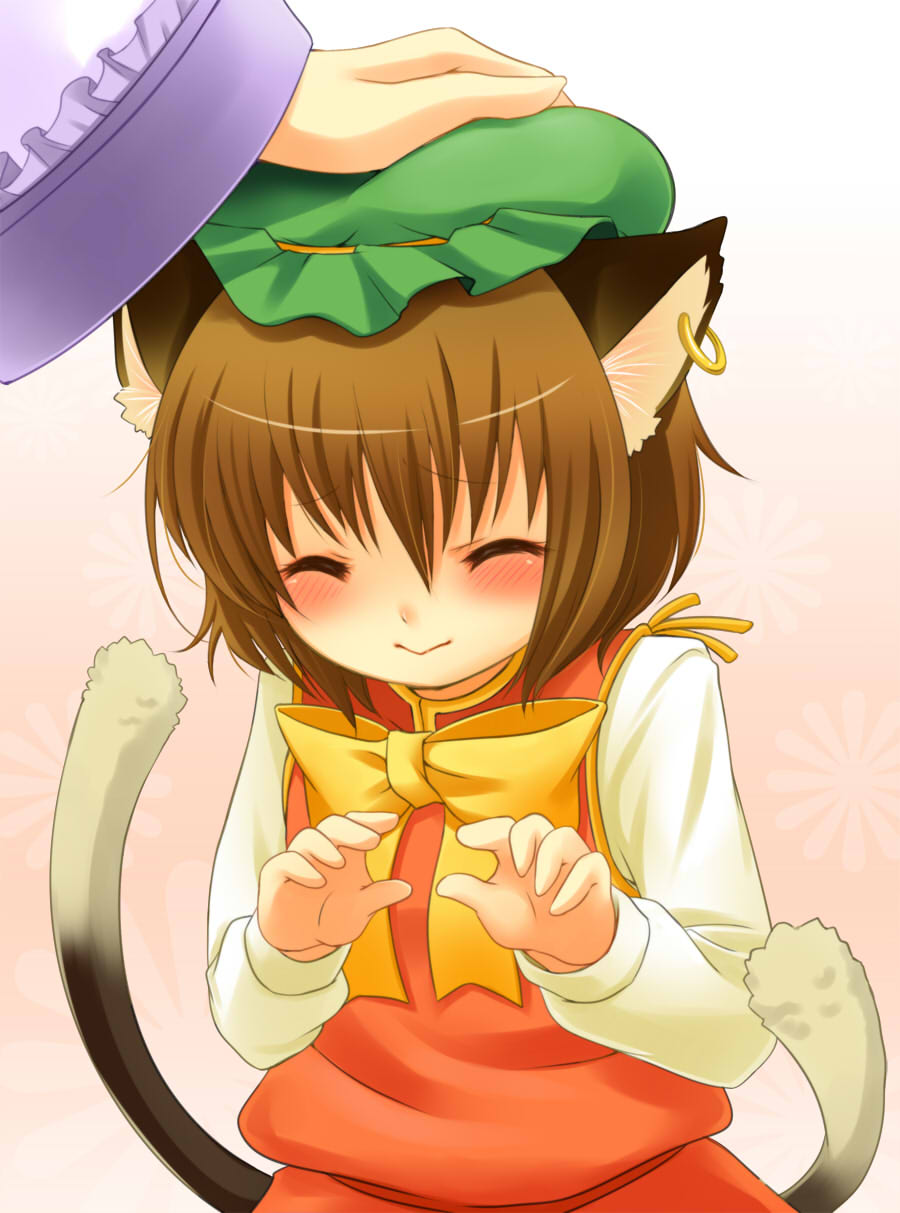 irori, chen, yakumo ran, touhou, bad id, bad pixiv id, highres, 1girl, animal ears, blush, brown hair, cat ears, cat girl, cat tail, child, closed eyes, earrings, female focus, hat, head pat, headpat, jewelry, multiple tails, short hair, solo focus, tail