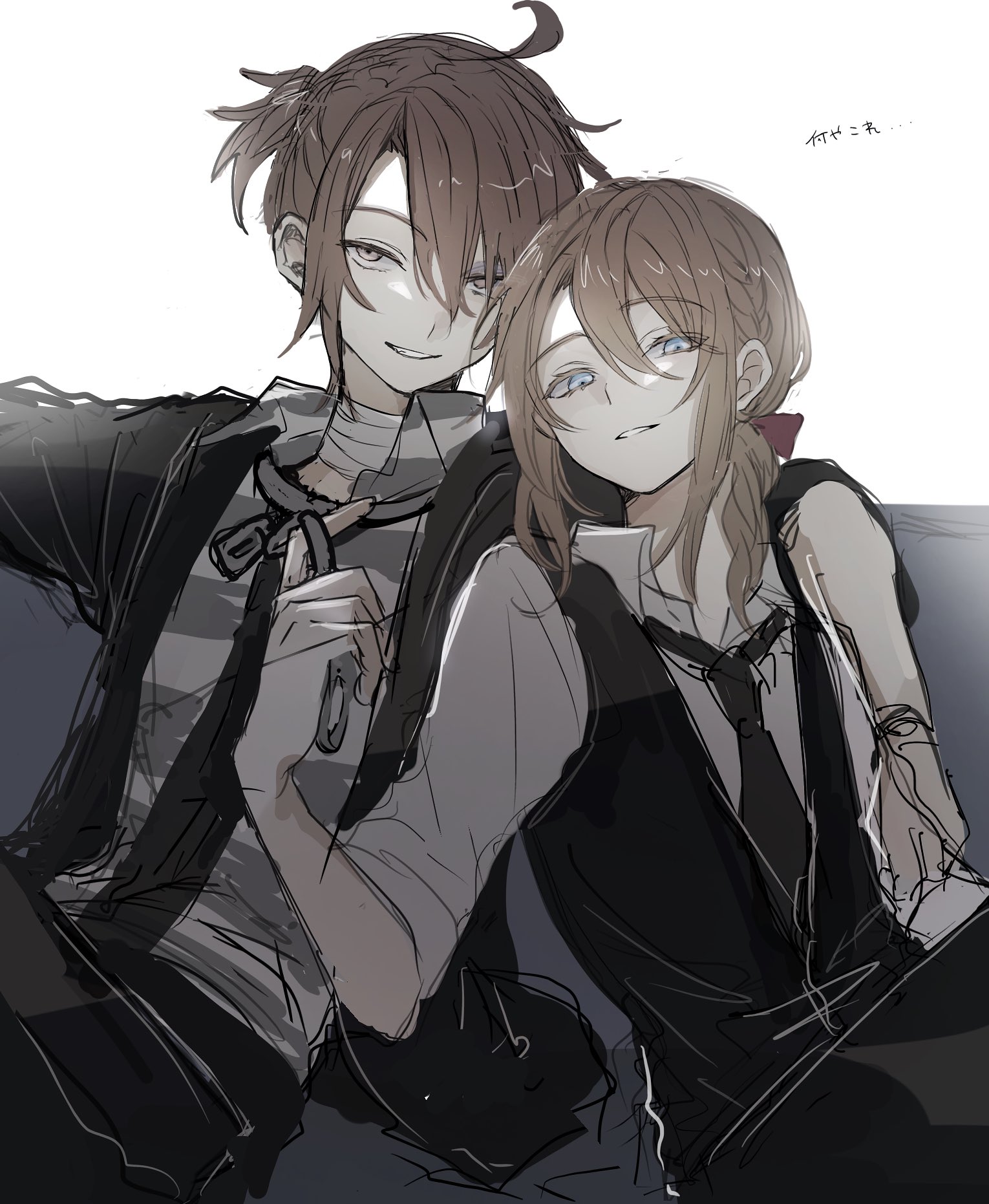 ! (rsa yuhr), edgar valden, luca balsa, identity v, highres, translation request, 2boys, ahoge, alternate costume, androgynous, arm around shoulder, bandaged neck, bandages, bishounen, black jacket, black necktie, black vest, blue eyes, brown hair, chain, collar, couch, cowboy shot, grin, holding, holding chain, jacket, looking at viewer, male focus, metal collar, multiple boys, necktie, on couch, outstretched arms, parted lips, ponytail, raised eyebrows, shirt, short ponytail, sidelocks, sitting, smile, spread arms, striped clothes, striped shirt, vest, white shirt, yaoi, yellow eyes