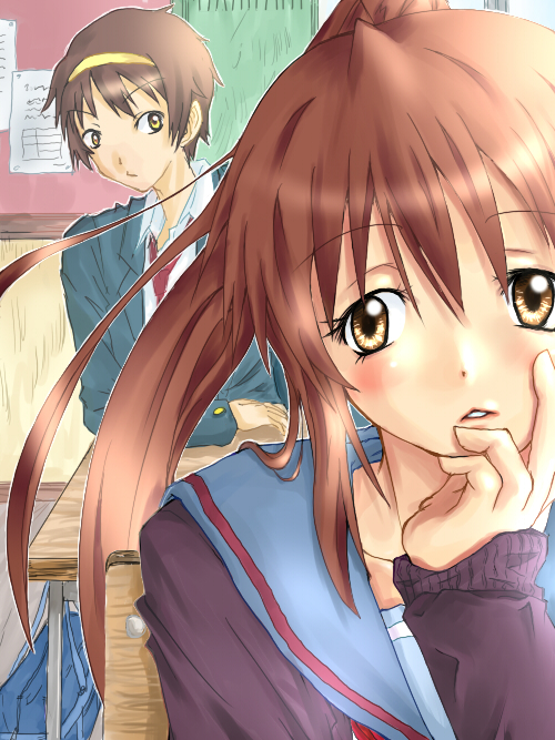 hachimitsu (toon), hatchimitsu, kyon, kyonko, suzumiya haruhiko, suzumiya haruhi no yuuutsu, suzumiya haruhiko no yuuutsu, board, 00s, 1boy, 1girl, blush, brown hair, cardigan, classroom, desk, genderswap, genderswap (ftm), genderswap (mtf), hairband, indoors, long hair, ponytail, sailor collar, school, school desk, school uniform, serafuku, sitting