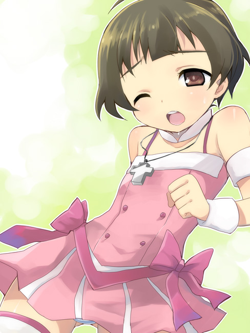 otoutogimi, akizuki ryo, idolmaster, idolmaster dearly stars, bad id, bad pixiv id, 00s, 1boy, brown eyes, brown hair, cross, crossdressing, crossdressing (mtf), cute & girly (idolmaster), jewelry, male focus, necklace, one eye closed, open mouth, solo, teeth, thighhighs, trap, wink, wristband, zettai ryouiki