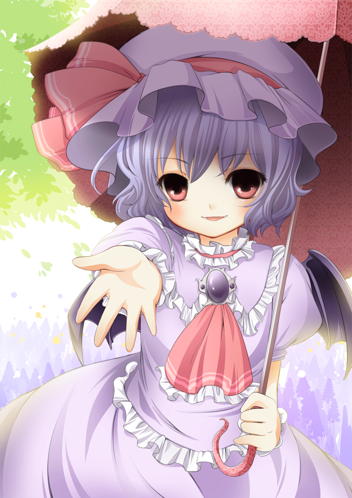 irori, remilia scarlet, touhou, light purple hair, bad id, bad pixiv id, 1girl, bat wings, fangs, female focus, hat, red eyes, short hair, solo, umbrella, wings, wrist cuffs