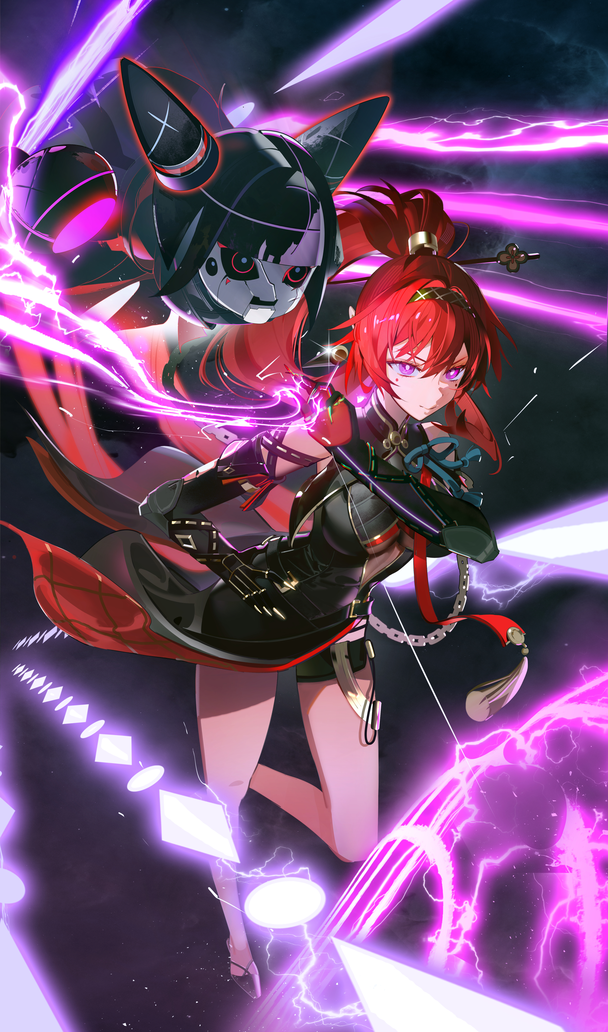 daymera, yinlin (wuthering waves), wuthering waves, absurdres, commentary, highres, korean commentary, >:), 1girl, bare shoulders, black dress, black gloves, black hairband, black shoes, black shorts, black vest, breasts, bright pupils, circle facial mark, closed mouth, clothing cutout, cropped vest, double-parted bangs, dress, elbow gloves, electricity, electrokinesis, facial mark, fake claws, full body, gloves, gold trim, hair between eyes, hair ornament, hair stick, hair tubes, hairband, high collar, high ponytail, large breasts, linea alba, long hair, long pointy ears, looking at viewer, mandarin collar, mark under both eyes, metal hair tubes, plunging neckline, pointy ears, ponytail, purple eyes, red hair, see-through clothes, see-through midriff, shoes, short dress, short shorts, shorts, shorts under dress, single hair tube, skin tight, smile, solo, underboob cutout, v-shaped eyebrows, very long hair, vest, white pupils, zapstring (wuthering waves)