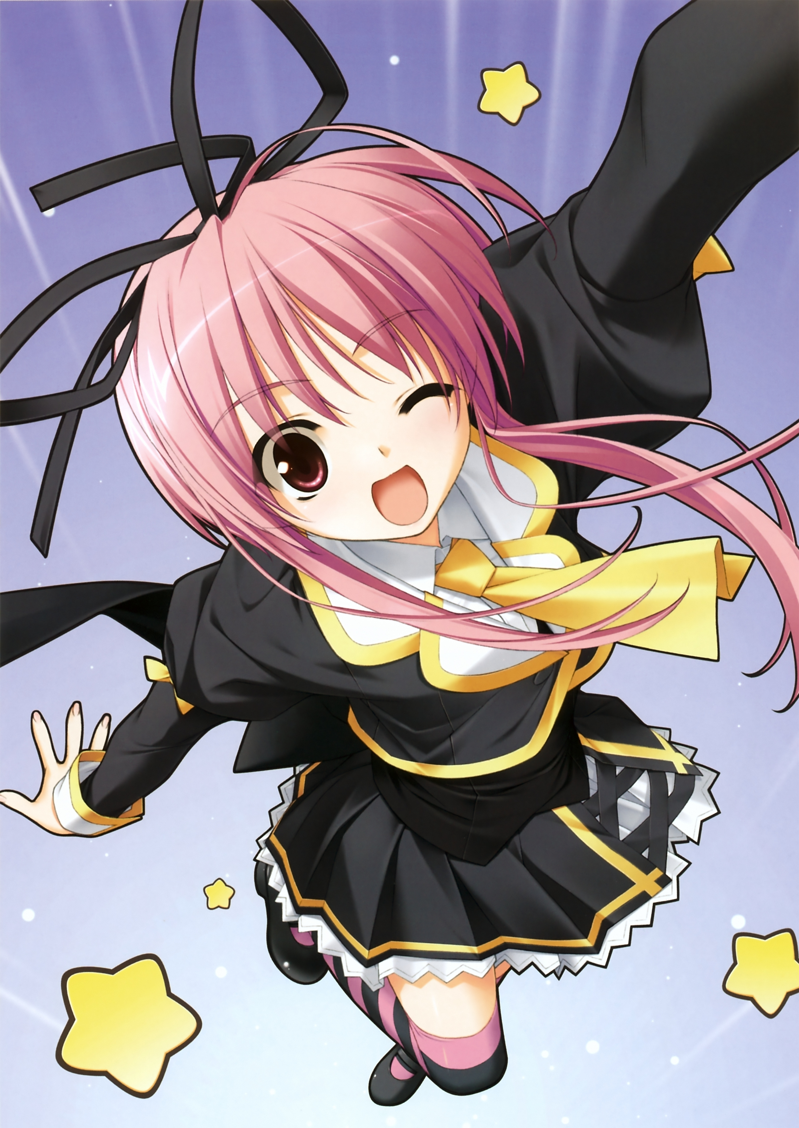 hashimoto takashi, fujisaki amane, stellar theater, absurdres, highres, 1girl, female focus, gradient background, one eye closed, open mouth, pink hair, school uniform, solo, striped clothes, striped thighhighs, thighhighs, wink, zettai ryouiki