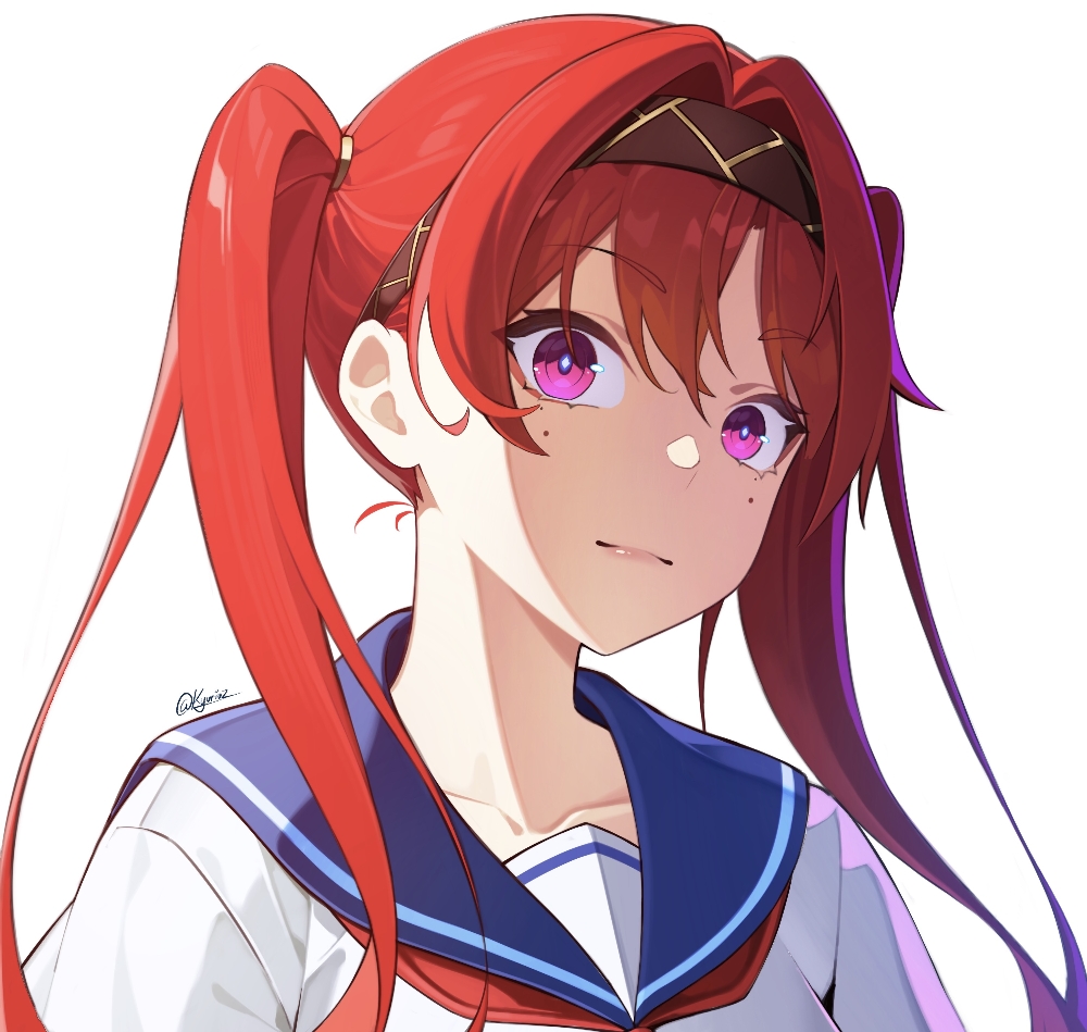 kyuriuz, yinlin (wuthering waves), wuthering waves, commentary, english commentary, 1girl, alternate costume, alternate hairstyle, blue sailor collar, bright pupils, brown hairband, circle facial mark, double-parted bangs, embarrassed, facial mark, hair between eyes, hairband, lone nape hair, long hair, mark under both eyes, neckerchief, purple eyes, red hair, red neckerchief, sailor collar, shirt, sidelighting, simple background, solo, surprised, twintails, upper body, white background, white pupils, white shirt