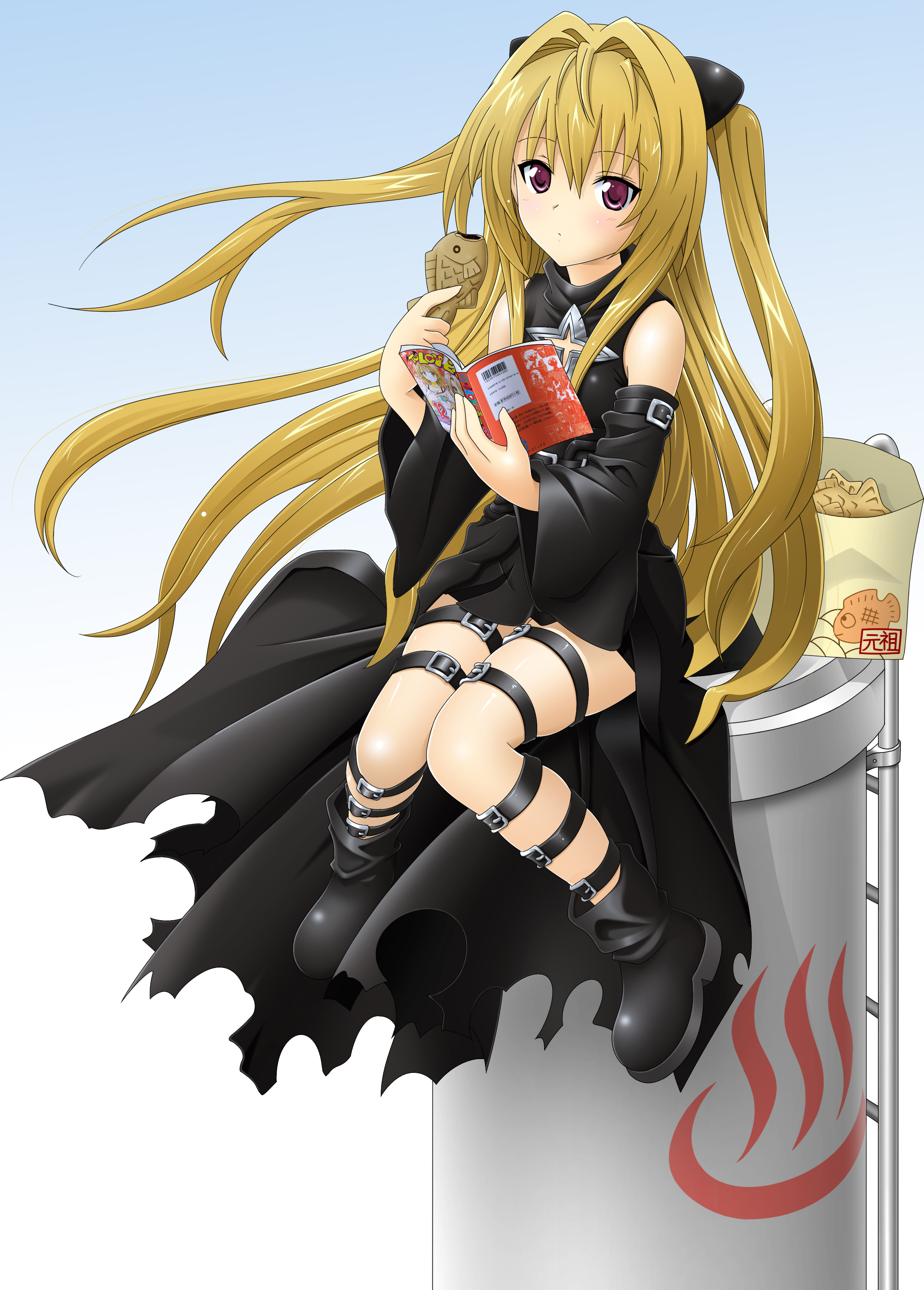 toshi (anime coloring), konjiki no yami, to love-ru, absurdres, highres, 00s, blonde hair, detached sleeves, eating, food, purple eyes, red eyes, solo, strap, taiyaki, thigh strap, wagashi