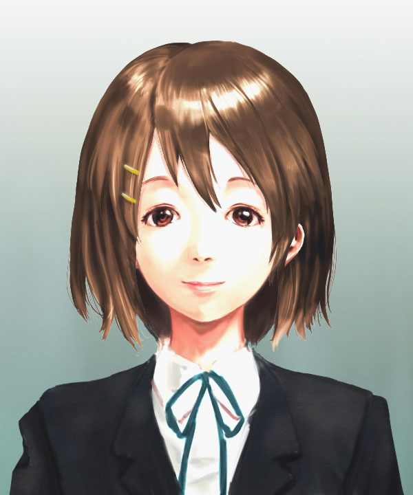 data (remmings nest), hirasawa yui, k-on!, 00s, 1girl, brown eyes, brown hair, data966, female focus, gradient background, hair ornament, hairclip, realistic, school uniform, short hair, solo