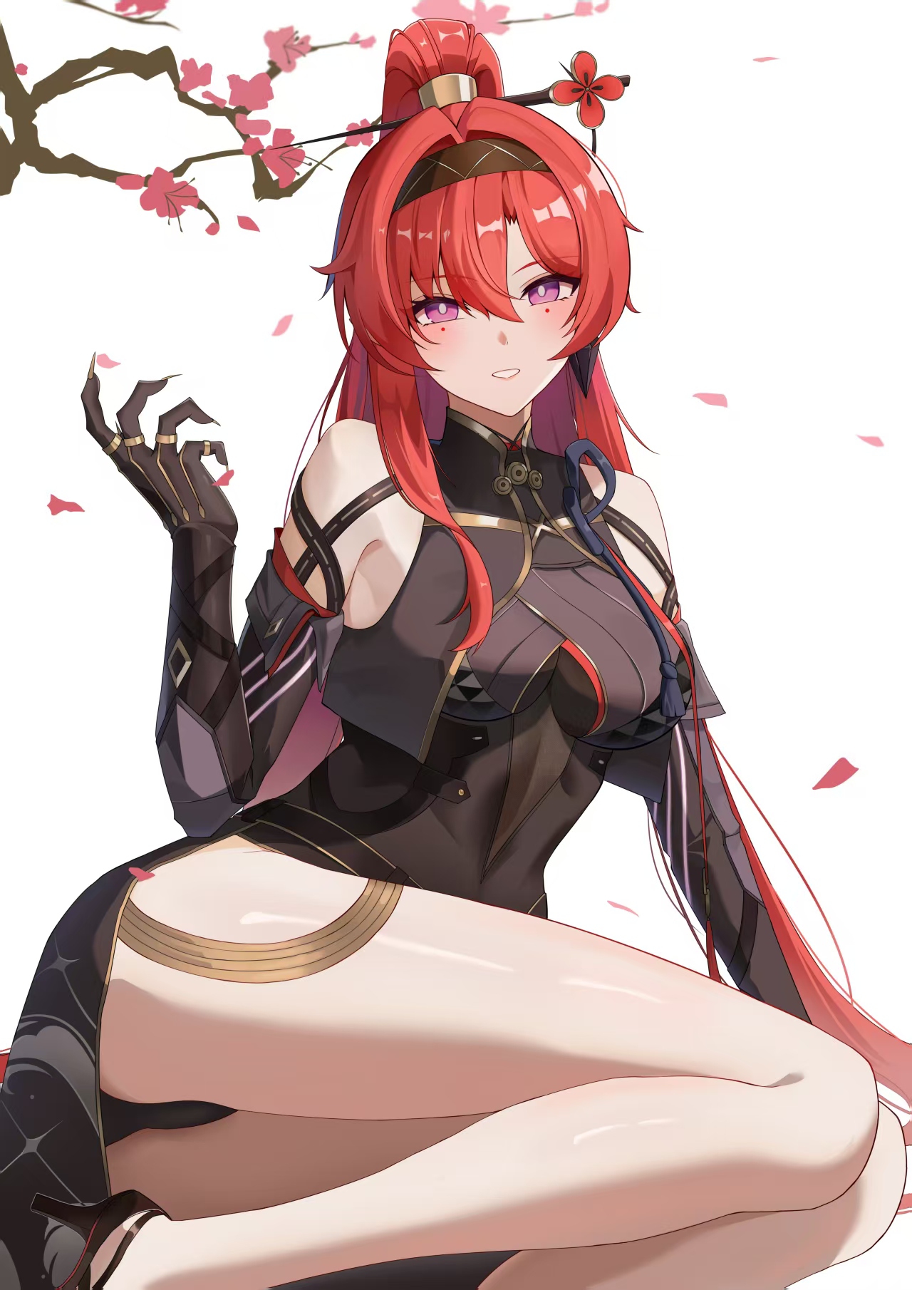 yinlin (wuthering waves), wuthering waves, chinese commentary, commentary request, highres, 1girl, arm support, bare shoulders, black dress, black gloves, black panties, black shoes, black vest, blush, breasts, bright pupils, brown hairband, circle facial mark, clothing cutout, cropped vest, dress, elbow gloves, facial mark, fake claws, falling petals, gloves, gold trim, hair ornament, hair stick, hair tubes, hairband, high collar, high heels, high ponytail, linea alba, long hair, looking at viewer, mandarin collar, mark under both eyes, medium breasts, metal hair tubes, panties, parted lips, petals, plunging neckline, ponytail, pumps, purple eyes, red hair, shoes, short dress, single hair tube, skin tight, solo, south rose, twisted torso, underboob cutout, underwear, upskirt, very long hair, vest, white pupils