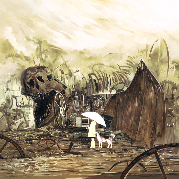koyori (artist), kusanagi koyori, original, dog, gears, skeleton, solo, umbrella
